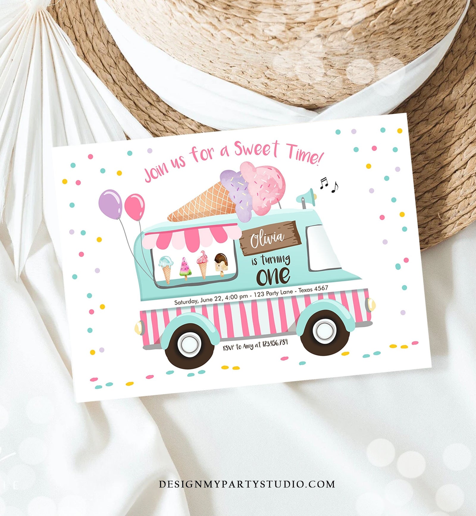 Editable Ice Cream Truck Birthday Invitation Ice Cream Birthday Party Cone Pink Mint Purple Any Age Scoop Printable Template Corjl 0243