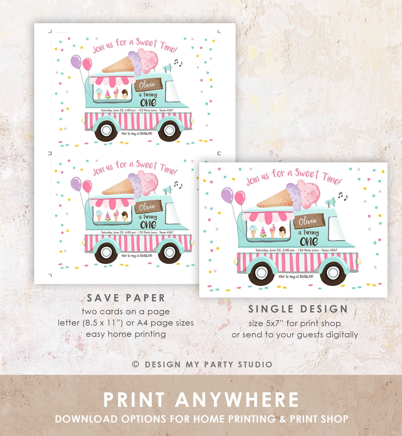 Editable Ice Cream Truck Birthday Invitation Ice Cream Birthday Party Cone Pink Mint Purple Any Age Scoop Printable Template Corjl 0243