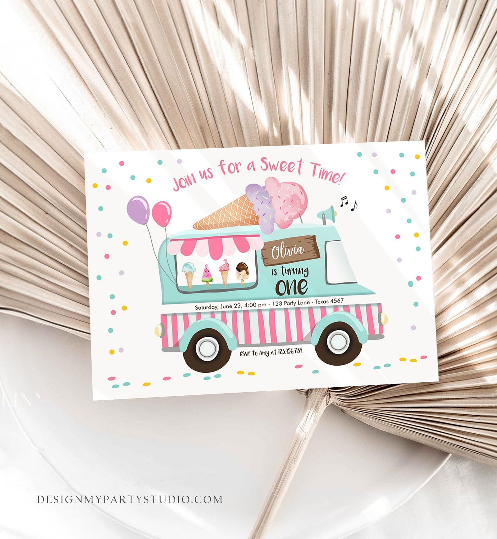 Editable Ice Cream Truck Birthday Invitation Ice Cream Birthday Party Cone Pink Mint Purple Any Age Scoop Printable Template Corjl 0243