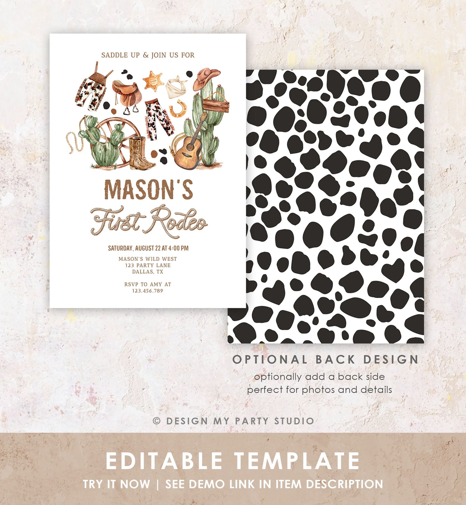 Editable First Rodeo Birthday Party Invitation Cowboy 1st Birthday Boy Wild West Birthday Western Download Evite Template Printable 0509