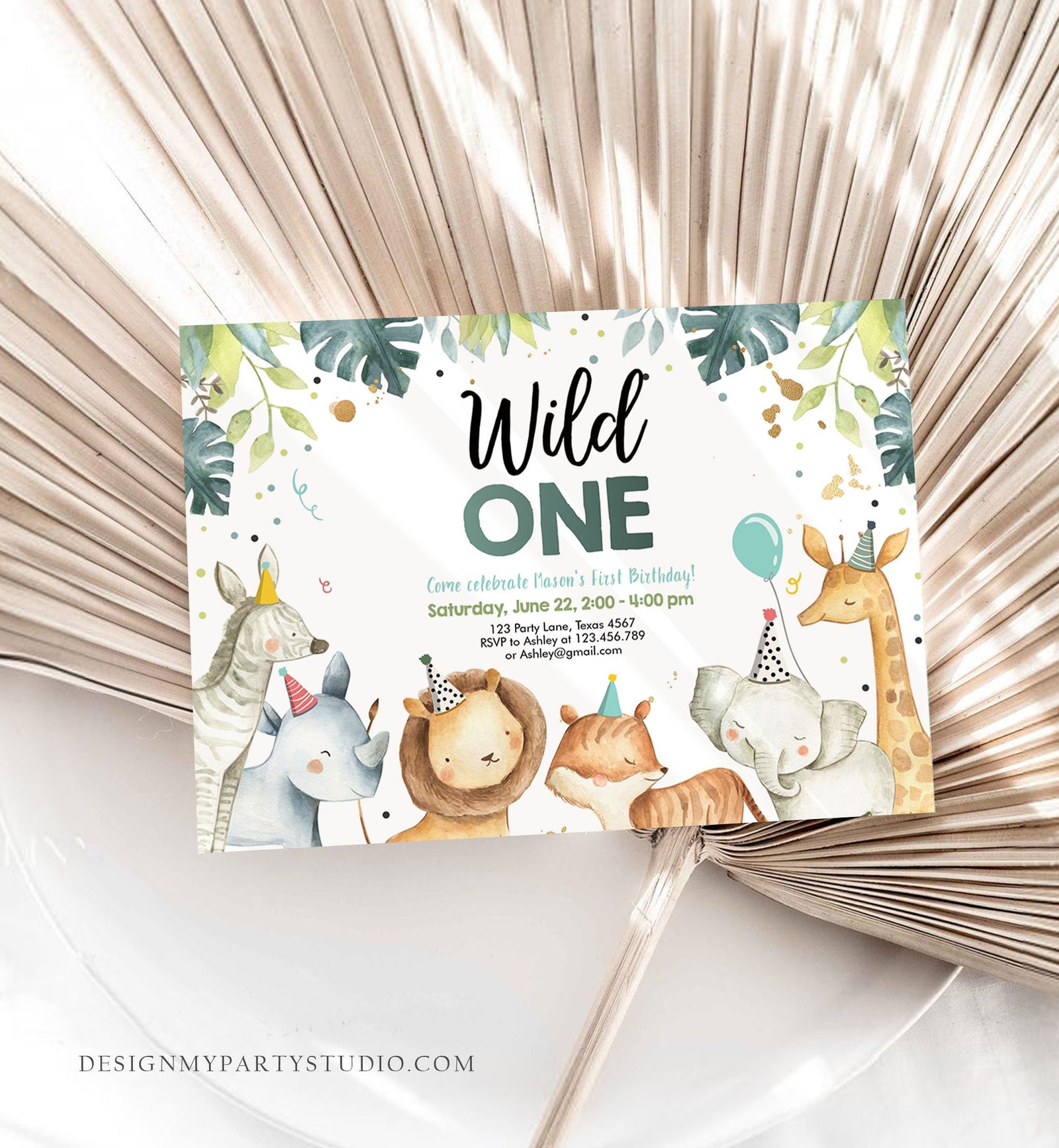 Editable Wild One Birthday Invitation First Birthday Safari Animals Party Animals Watercolor Download Digital Evite Template Printable 0163