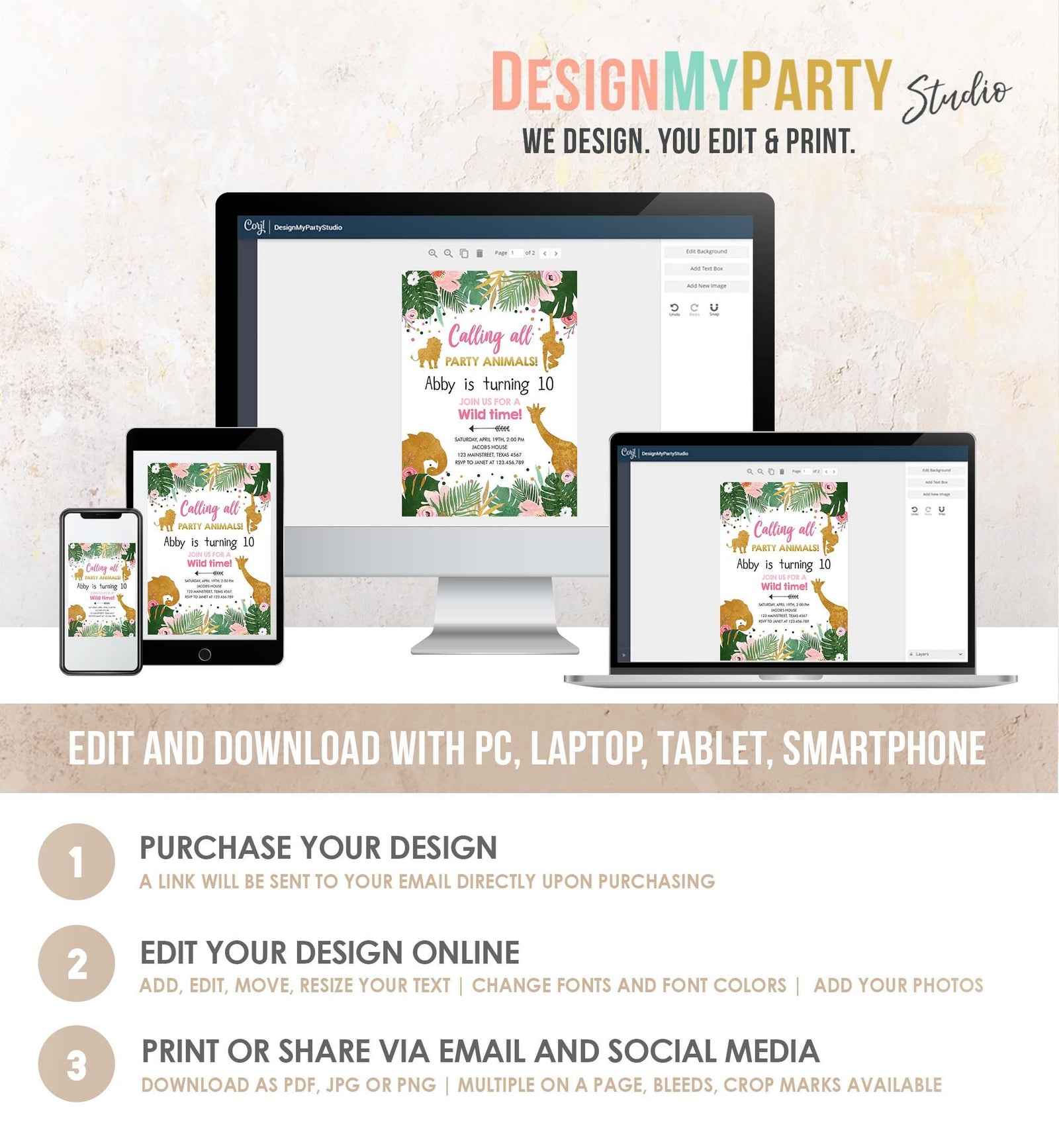 Editable Safari Animals Birthday Invitation Calling All Party Animals Girl Party Zoo Pink Gold Digital Download Template Printable 0016