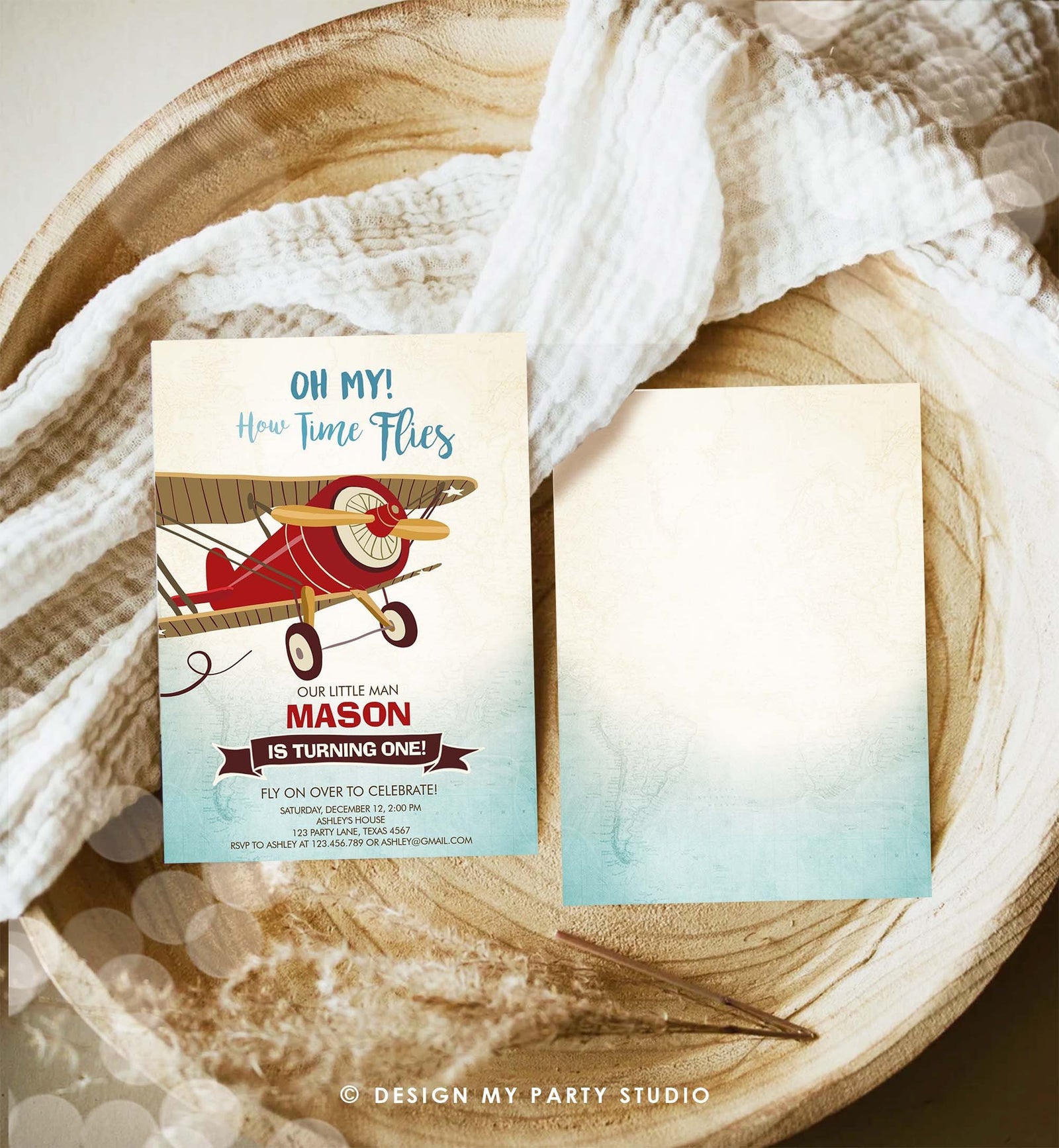 Editable Airplane Birthday Invitation Oh My How Time Flies Vintage Plane Sky 1st Red Biplane Aircraft Wing Download Corjl Template 0011