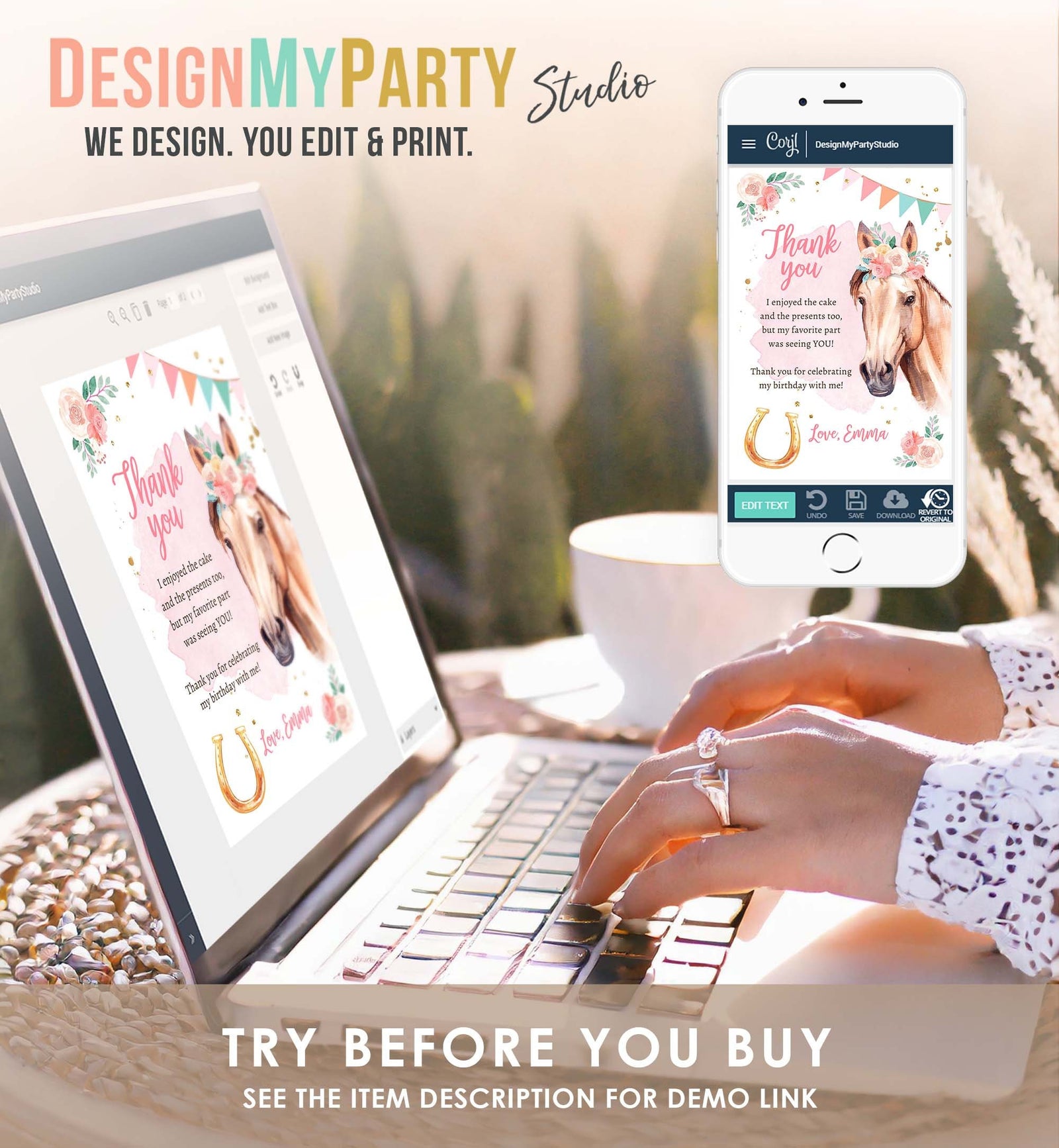 Editable Horse Birthday Thank You Card Card Girl Horse Party Cowgirl Pink Floral Flowers Saddle Up Download Digital Template Printable 0398