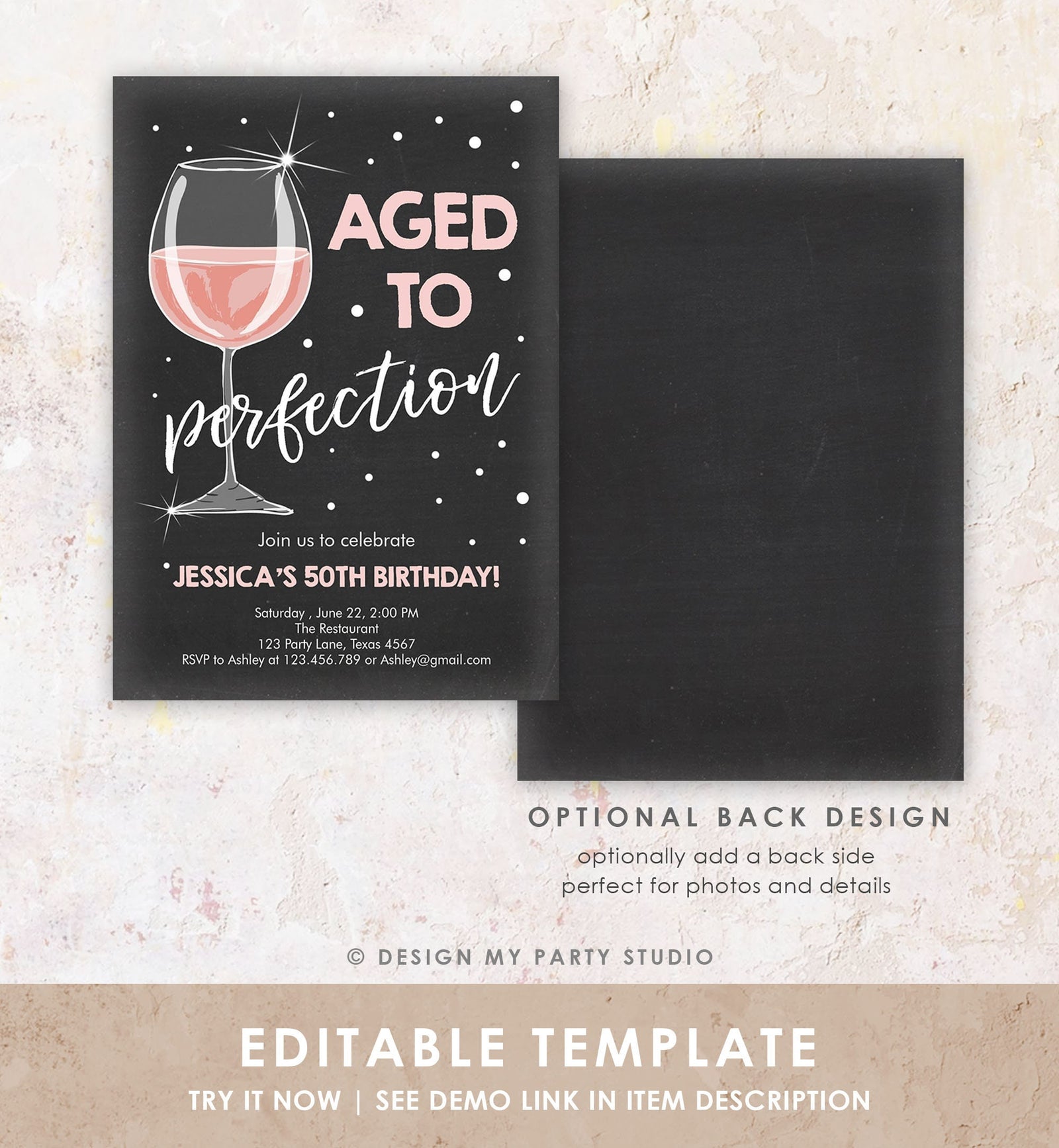 Editable Aged to Perfection Birthday Invitation Wine Bubbly Adult Birthday Rustic Surprise Digital Download Evite Template Printable 0252