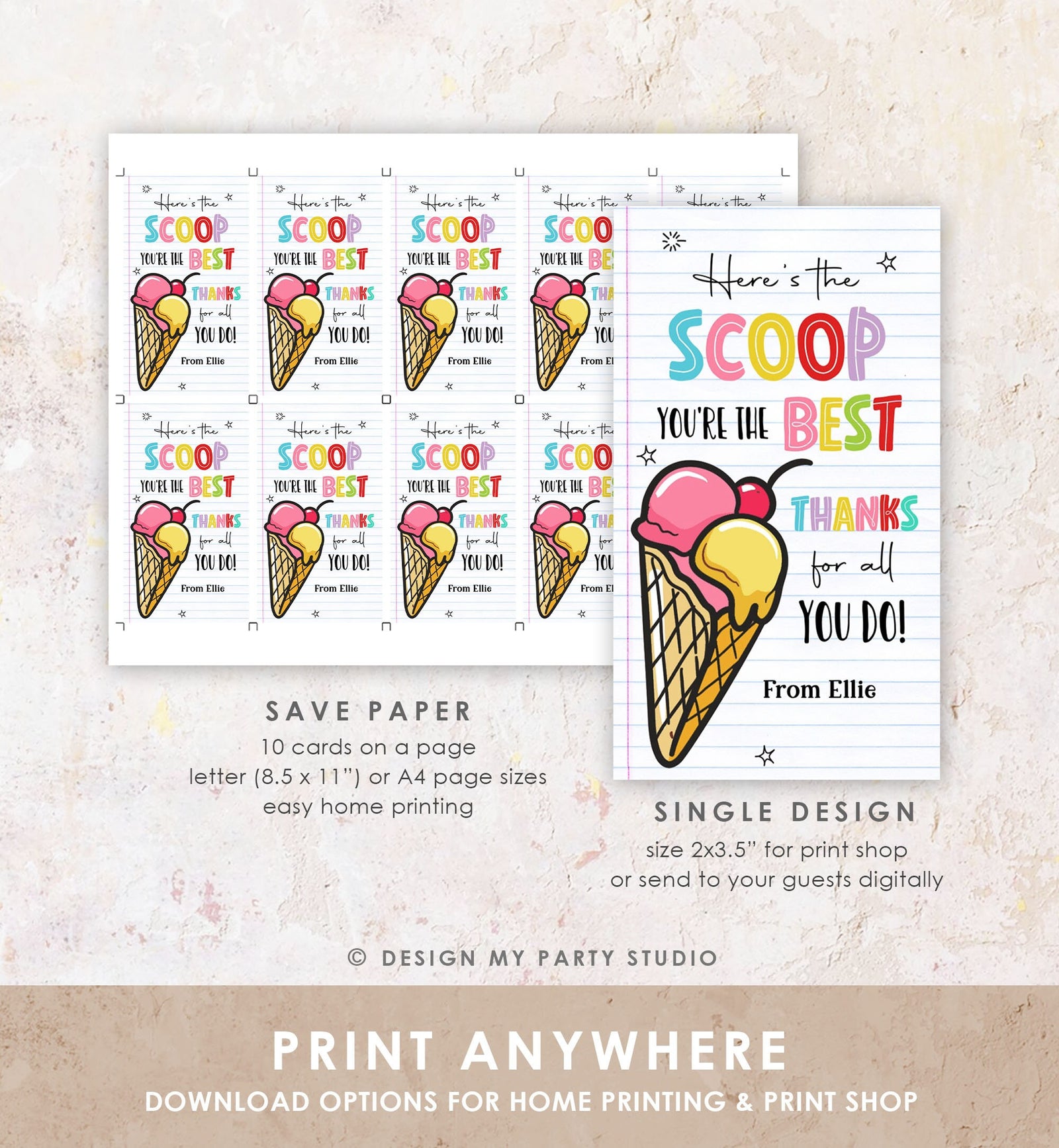 Editable Summer Ice Cream Teacher Appreciation Tag Kids End Of School Year Here's the Scoop Employee Nurse Digital Template Printable 0464