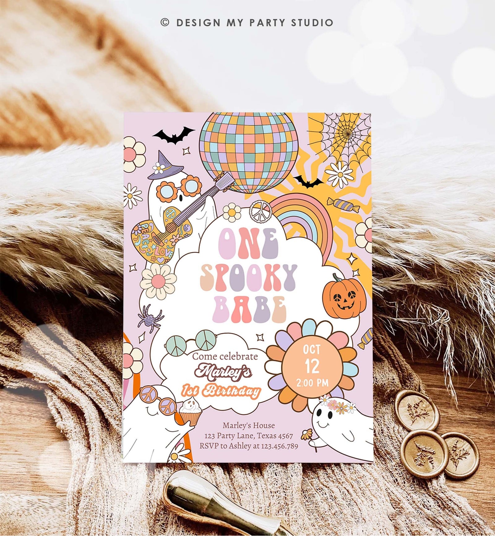 Editable Groovy Halloween 1st Birthday Invitation One Spooky Babe Pink Ghost Party Girl Spooktacular Download Printable Template Corjl 0471
