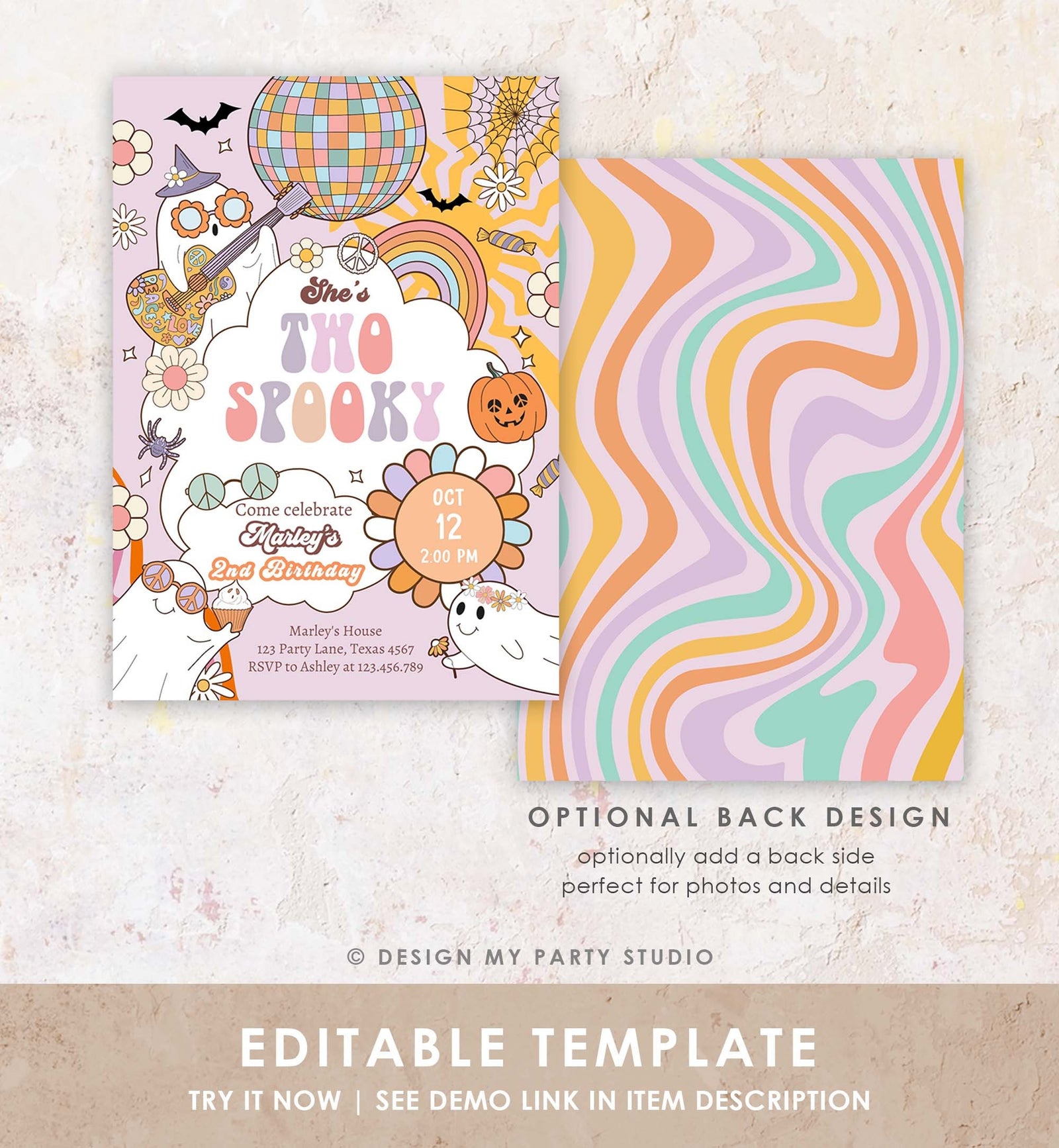 Editable Groovy Halloween Two Spooky Birthday Invitation Pink Ghost Party Girl Boo Spooktacular Party Download Printable Template Corjl 0471