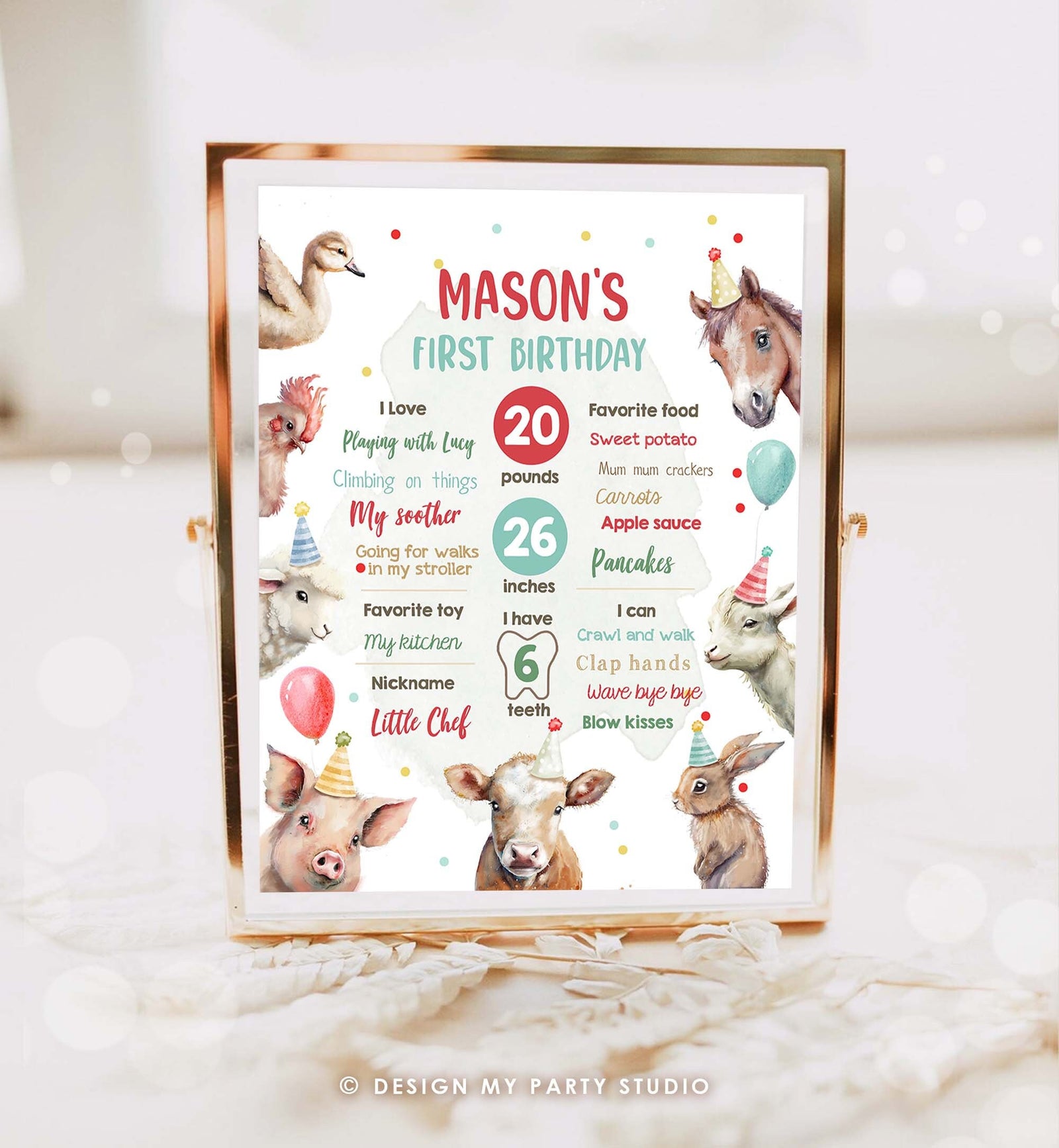 Editable Farm Animals Birthday Milestone Sign Boy Red Farm Birthday Barnyard Bash Poster Floral Digital Download Template Printable 0448
