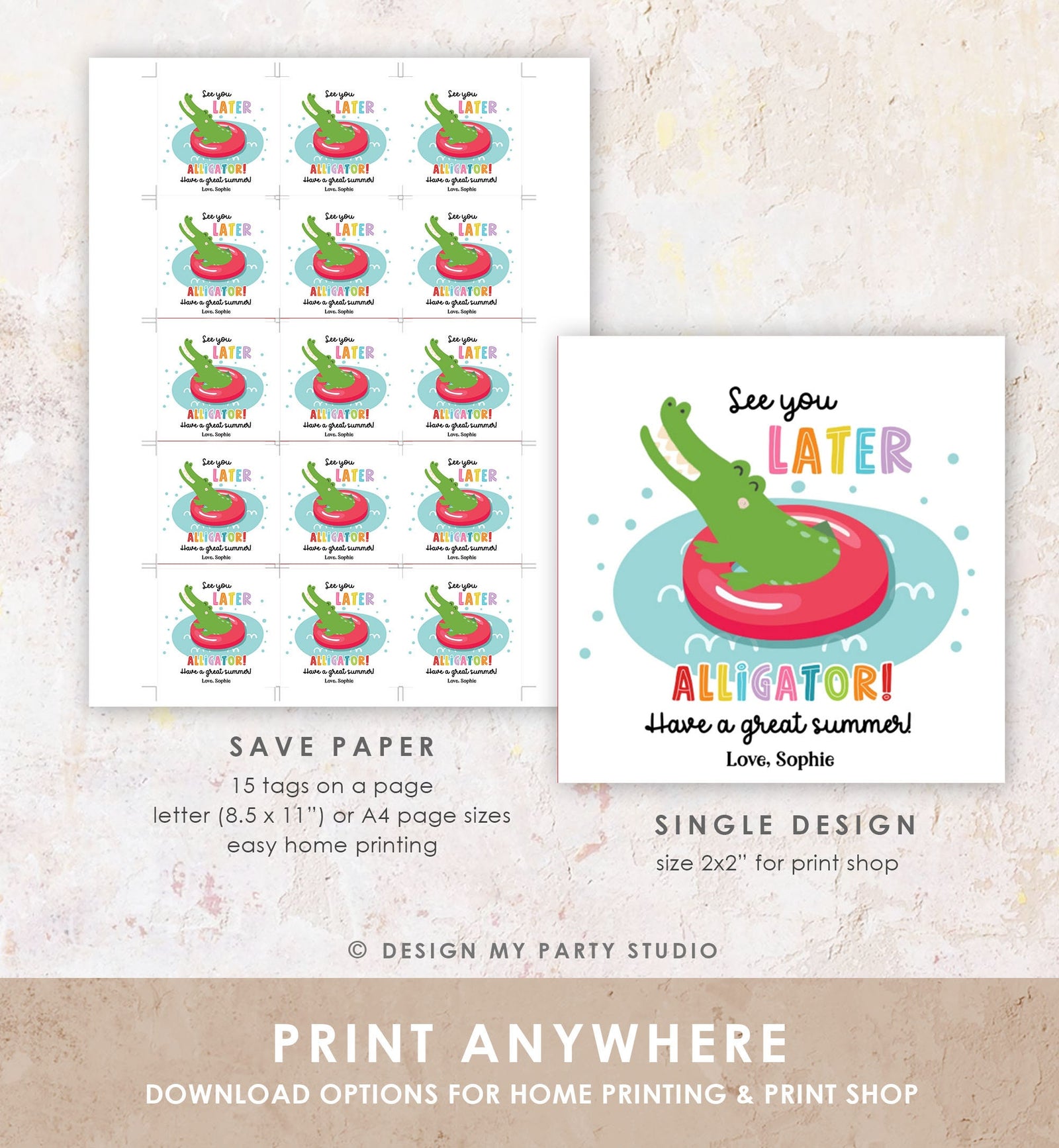Editable Last Day of School Tag Alligator Summer End Of School Year Tag Summer Party Treat Digital Download Template Printable 0464
