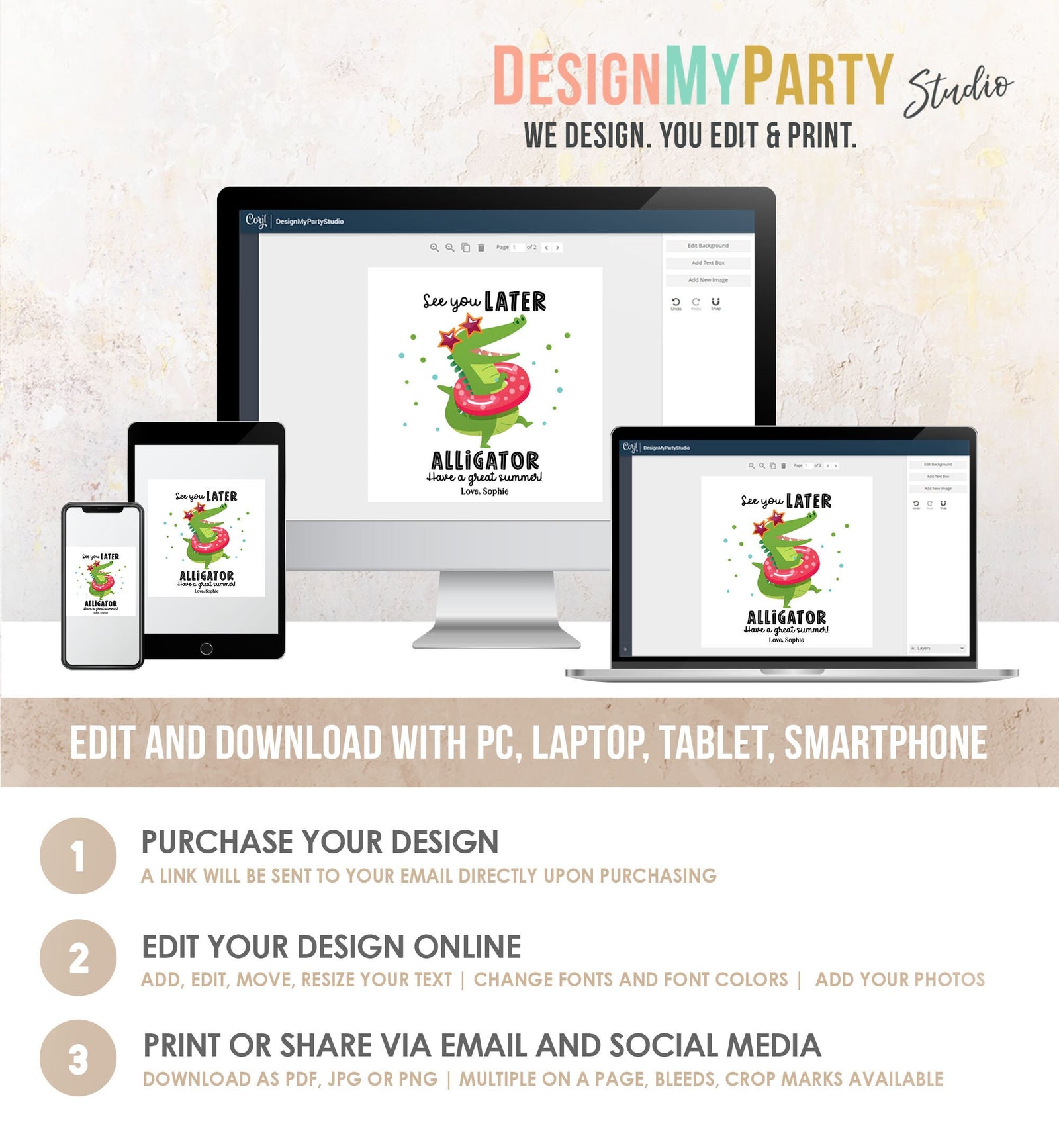 Editable Last Day of School Tag Alligator Summer End Of School Year Tag Summer Party Treat Sticker Digital Download Template Printable 0464