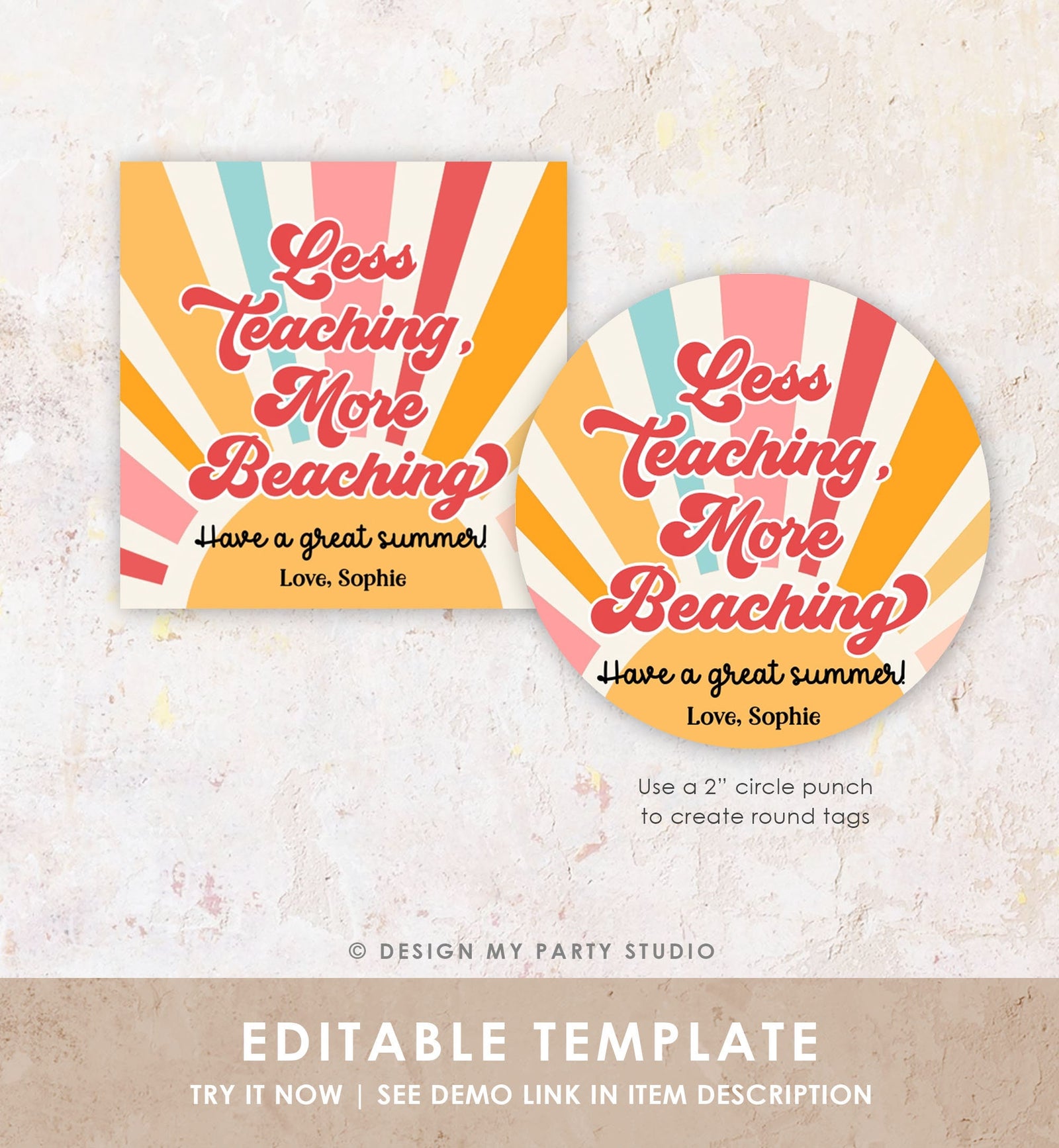 Editable Summer Teacher Appreciation Gift Tag Kids Less Teaching More Beaching Tag End Of School Year Tag Digital Template Printable 0464