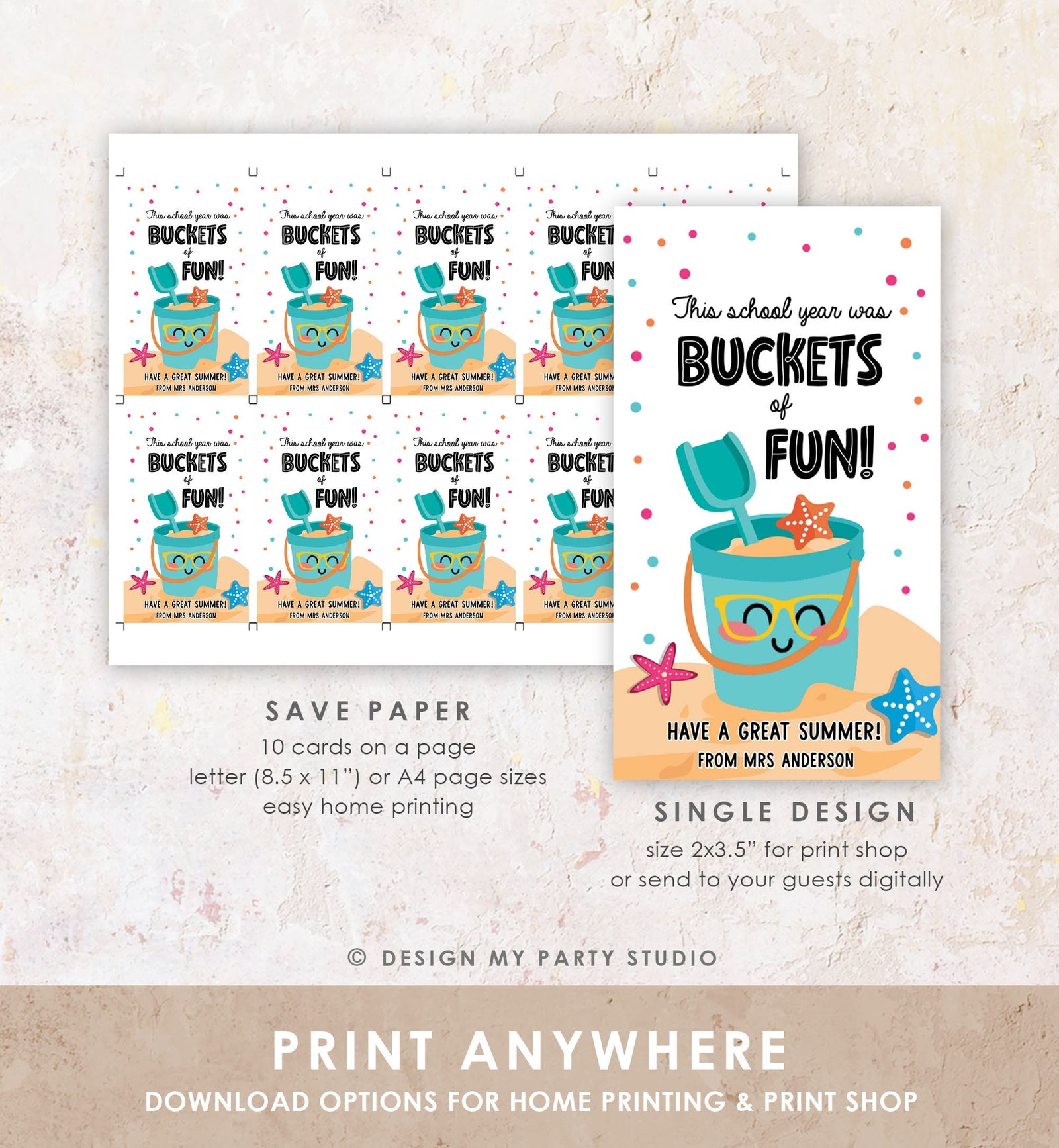 Editable Last Day of School Tag Buckets of Fun Summer End Of Year Tag Classroom Beach Teacher Appreciation Digital Template Printable 0464