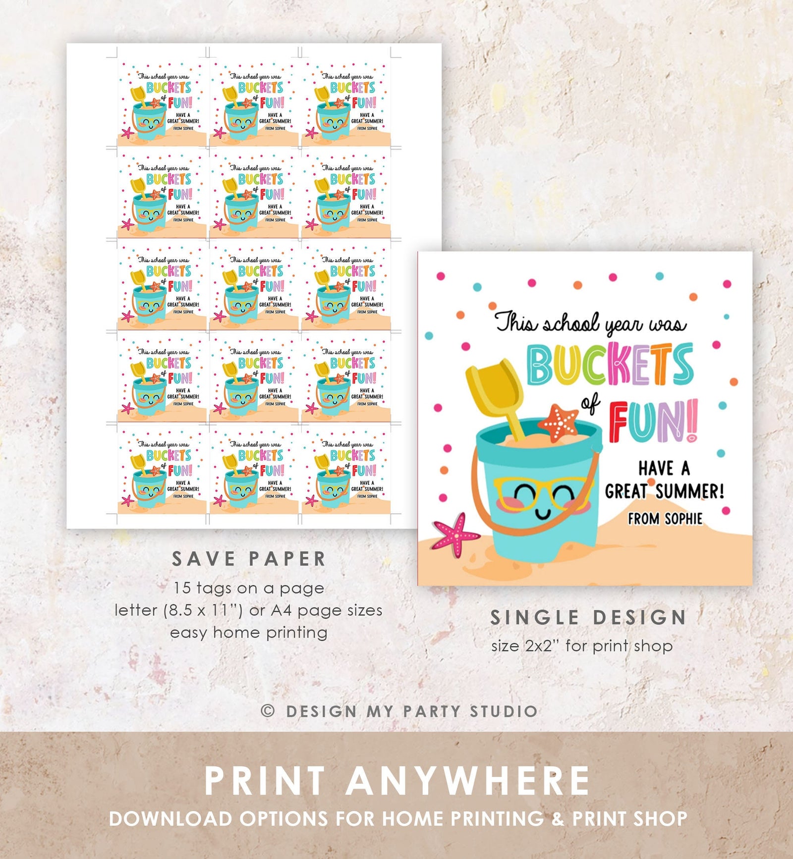 Editable Last Day of School Tag Buckets of Fun Summer End Of Year Tag Classroom Beach Teacher Appreciation Digital Template Printable 0464