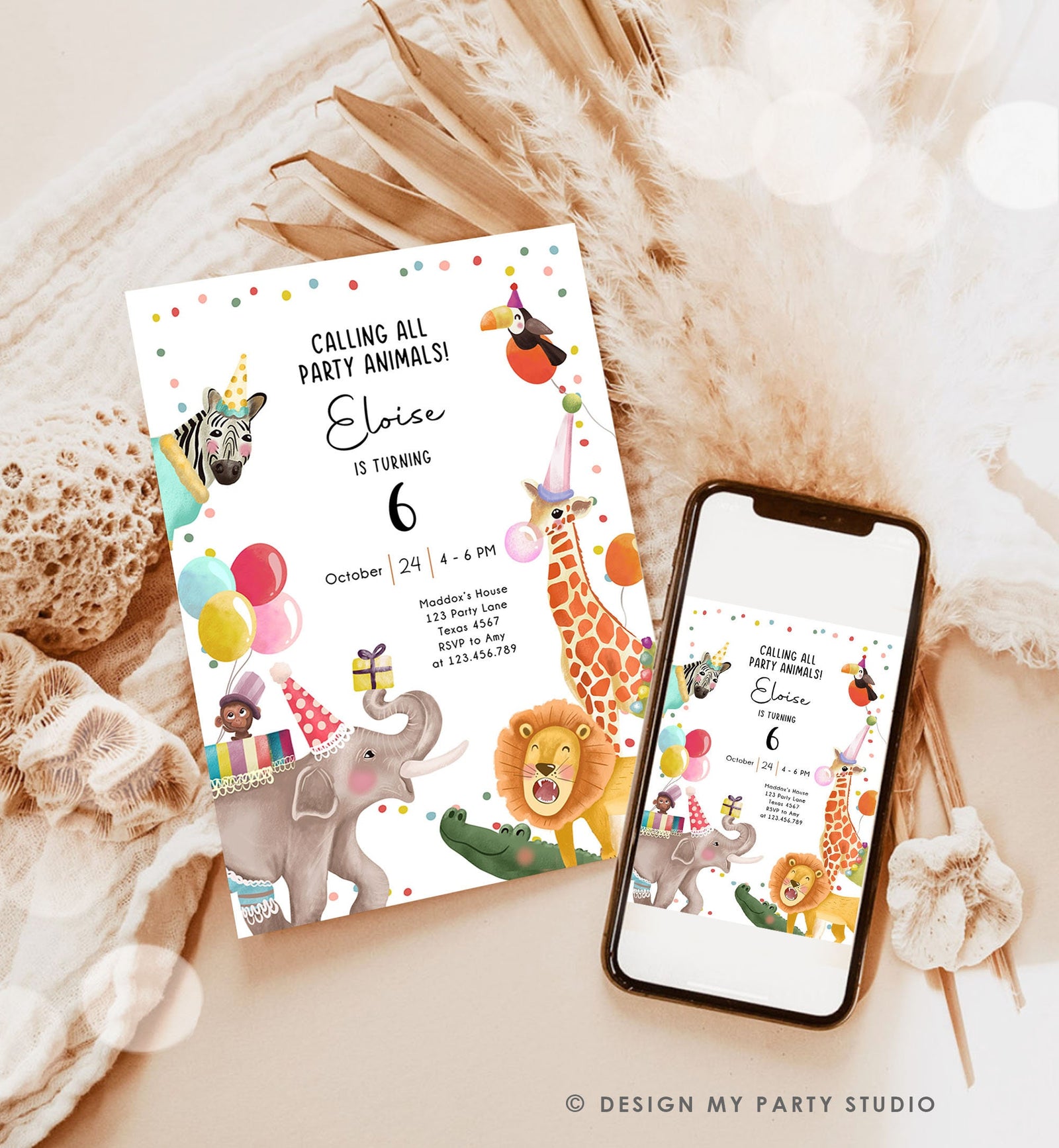 Editable Calling All Party Animals Birthday Invitation Wild One Jungle Zoo Safari Animals Boy Girl Digital Evite Template Printable 0482