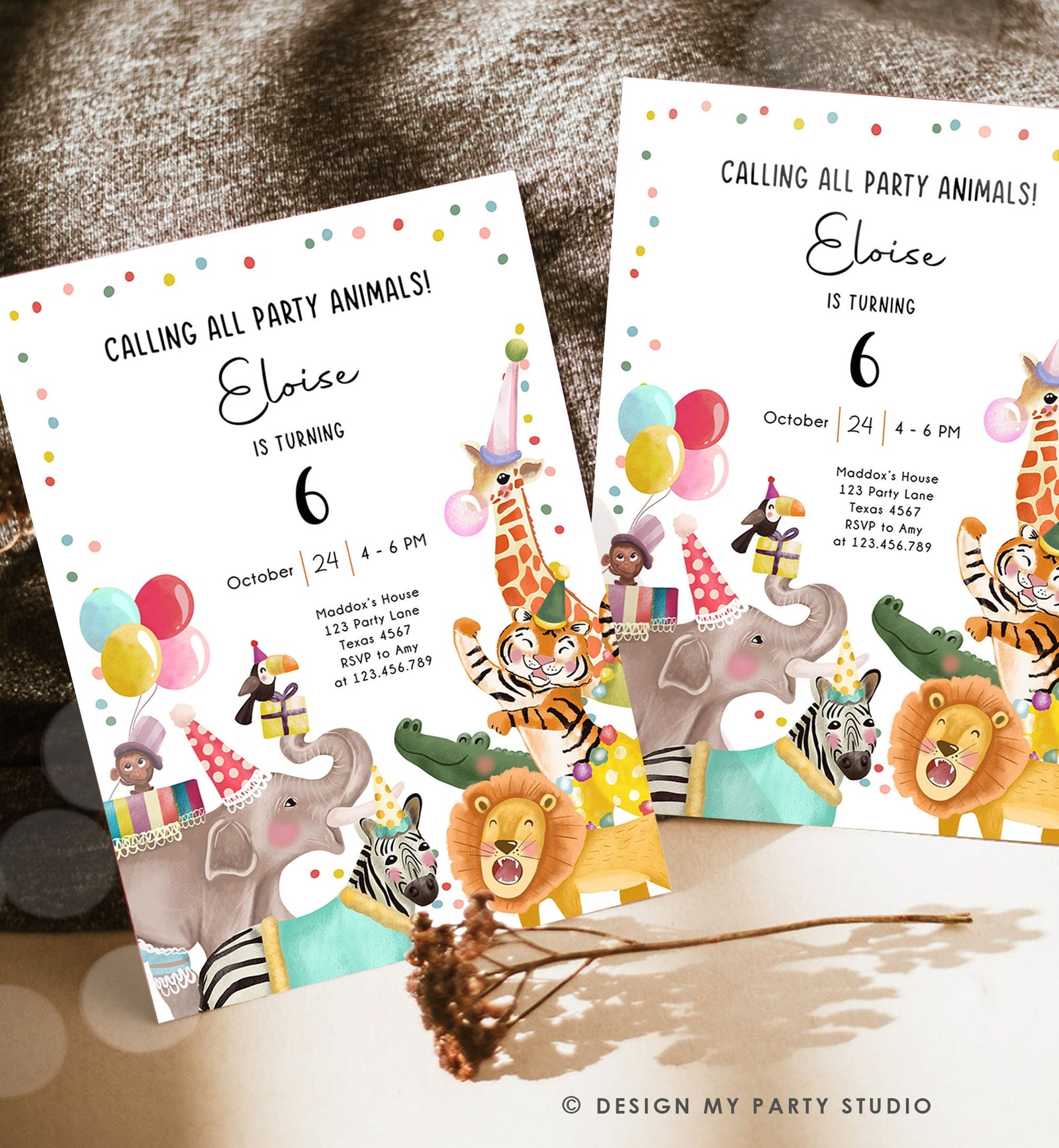 Editable Calling All Party Animals Birthday Invitation Wild One Jungle Zoo Safari Animals Boy Girl Digital Download Template Printable 0482