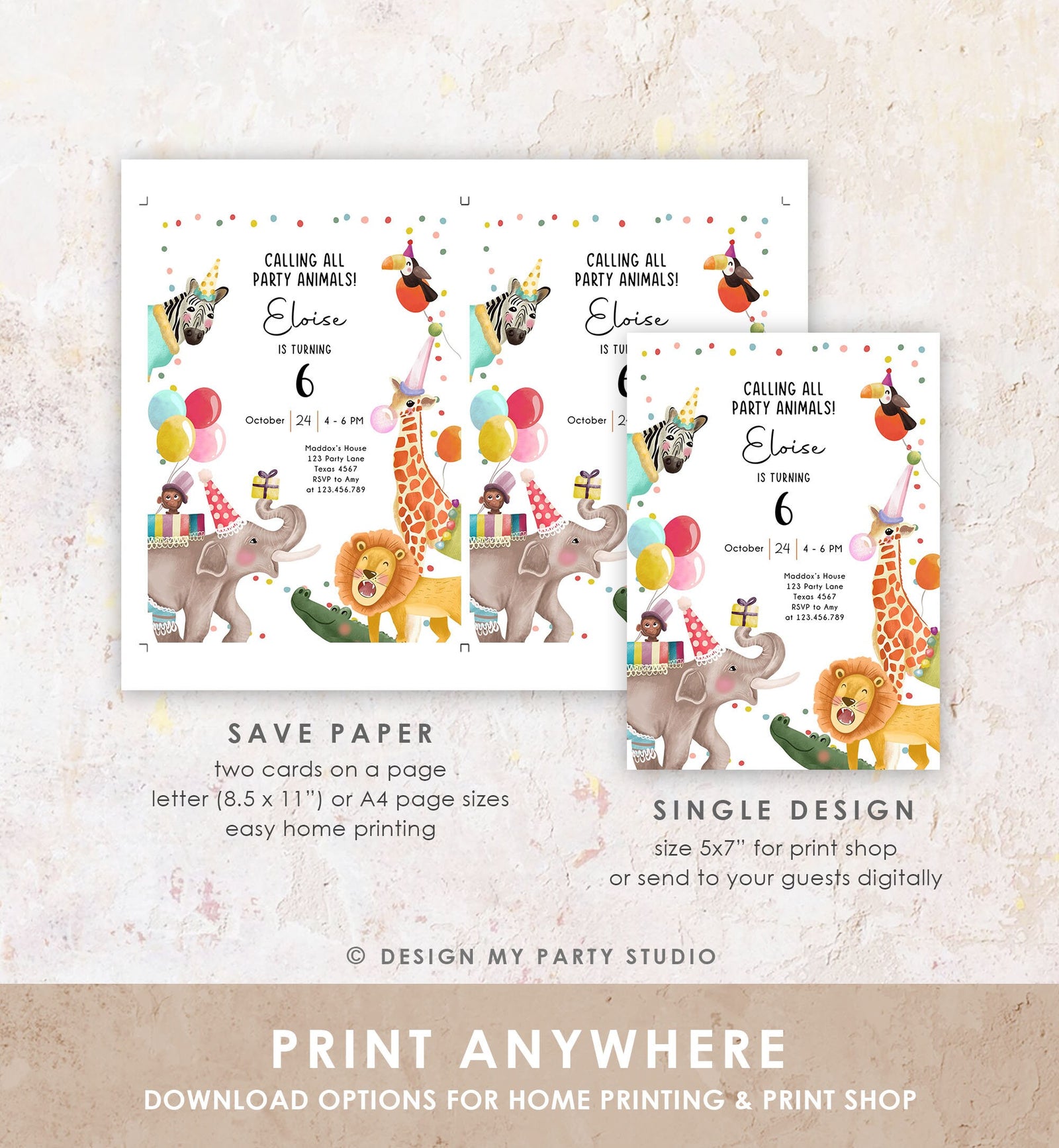 Editable Calling All Party Animals Birthday Invitation Wild One Jungle Zoo Safari Animals Digital Download Evite Template Printable 0482