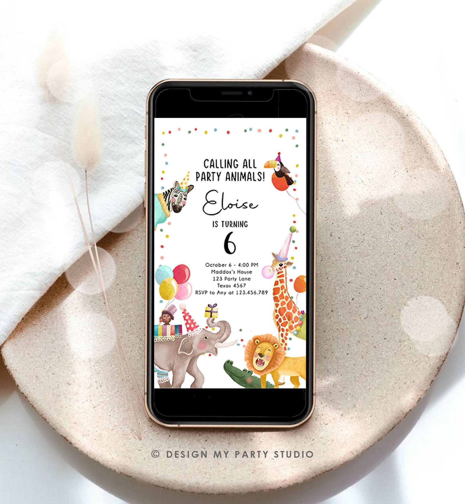 Editable Party Animals Birthday Evite Wild One Animals Invite Zoo Safari Animals Girl Digital Download Evite Template 0482
