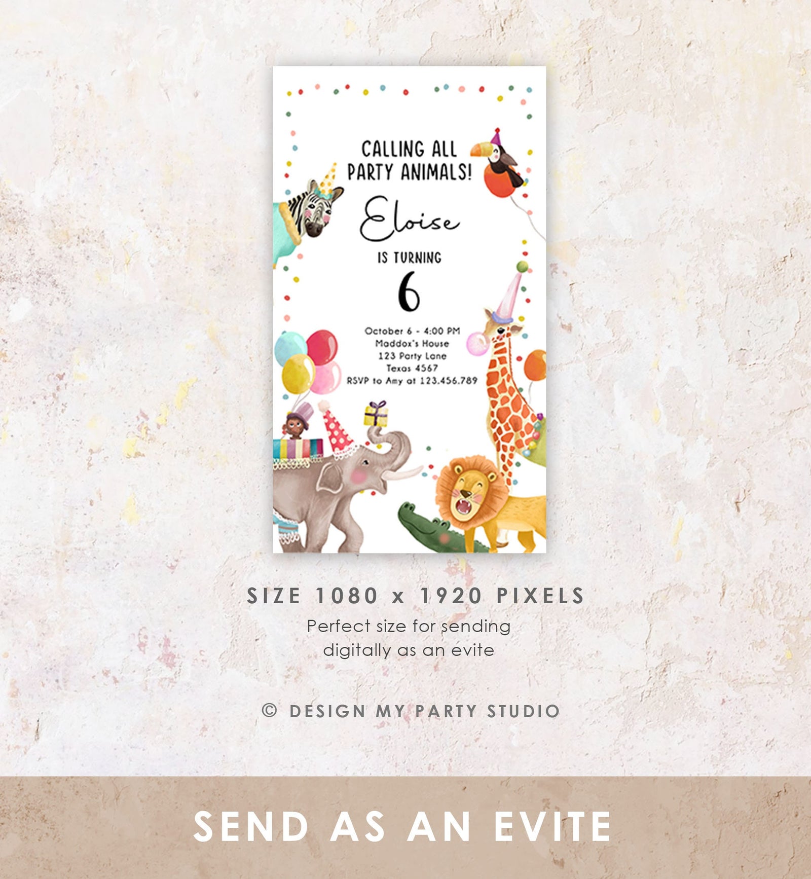 Editable Party Animals Birthday Evite Wild One Animals Invite Zoo Safari Animals Girl Digital Download Evite Template 0482