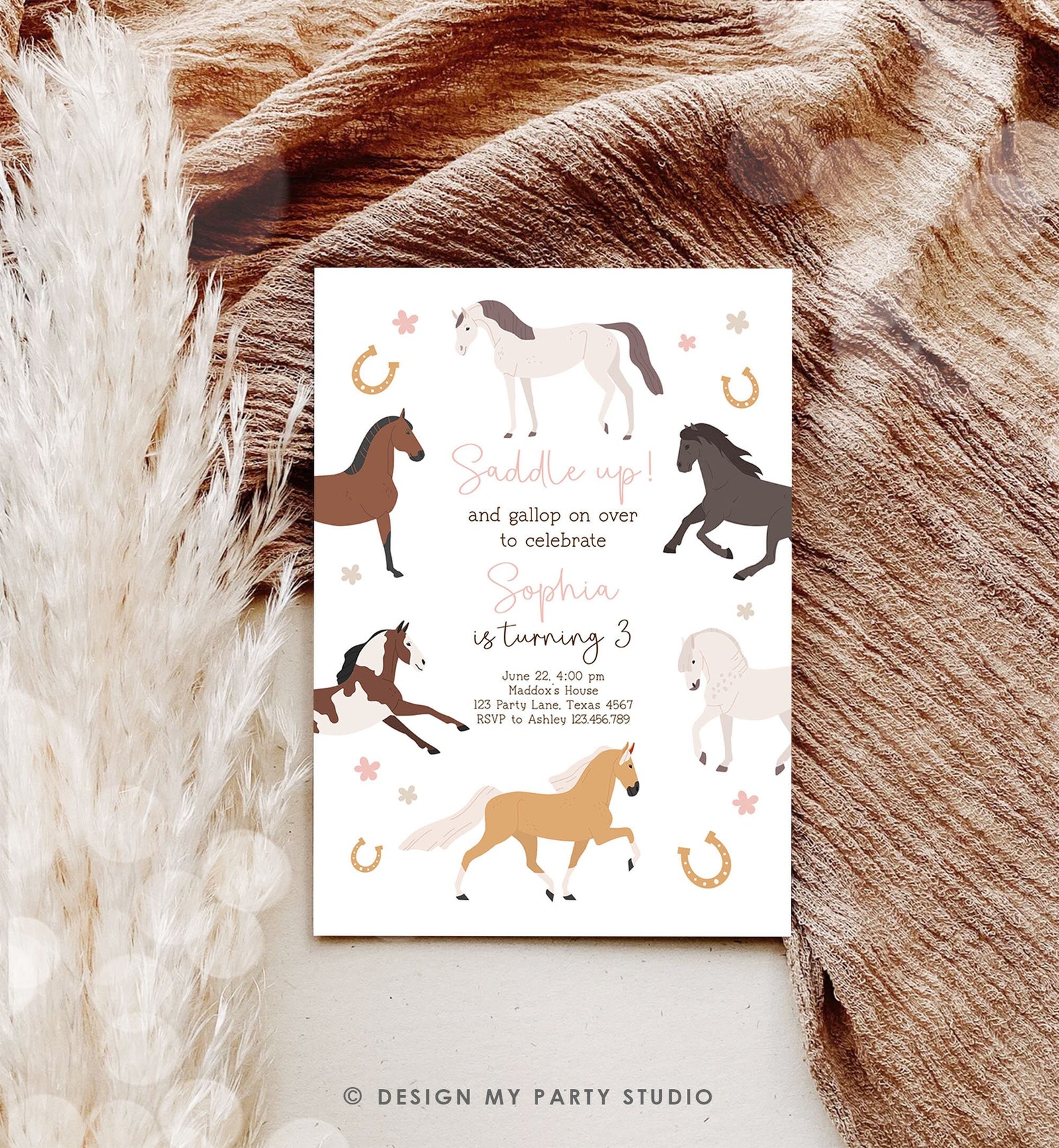 Editable Horse Birthday Invitation Girl Saddle Up Cowgirl Horse Party Horse Invite Pink Pony Floral Download Printable Template Evite 0513