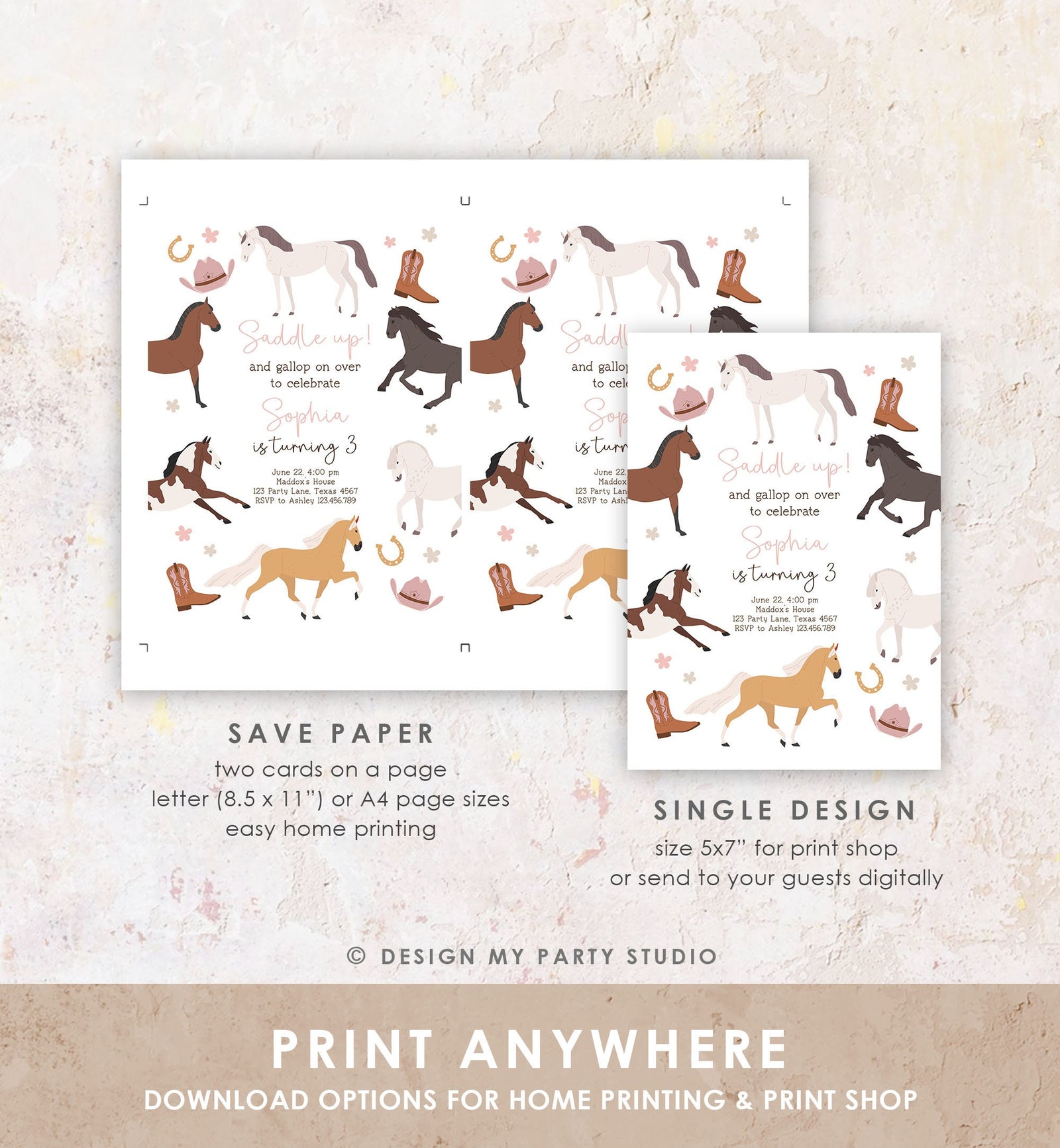 Editable Horse Birthday Invitation Girl Saddle Up Cowgirl Horse Party Horse Invite Pink Pony Floral Digital Download Template Printable 0513