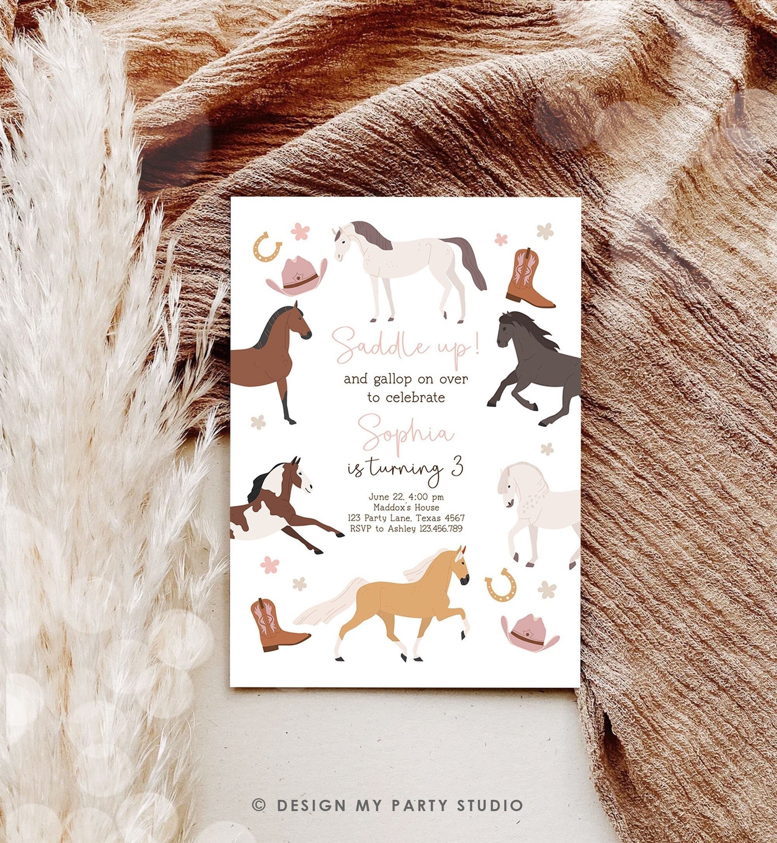 Editable Horse Birthday Invitation Girl Saddle Up Cowgirl Horse Party Horse Invite Pink Pony Floral Digital Download Template Printable 0513