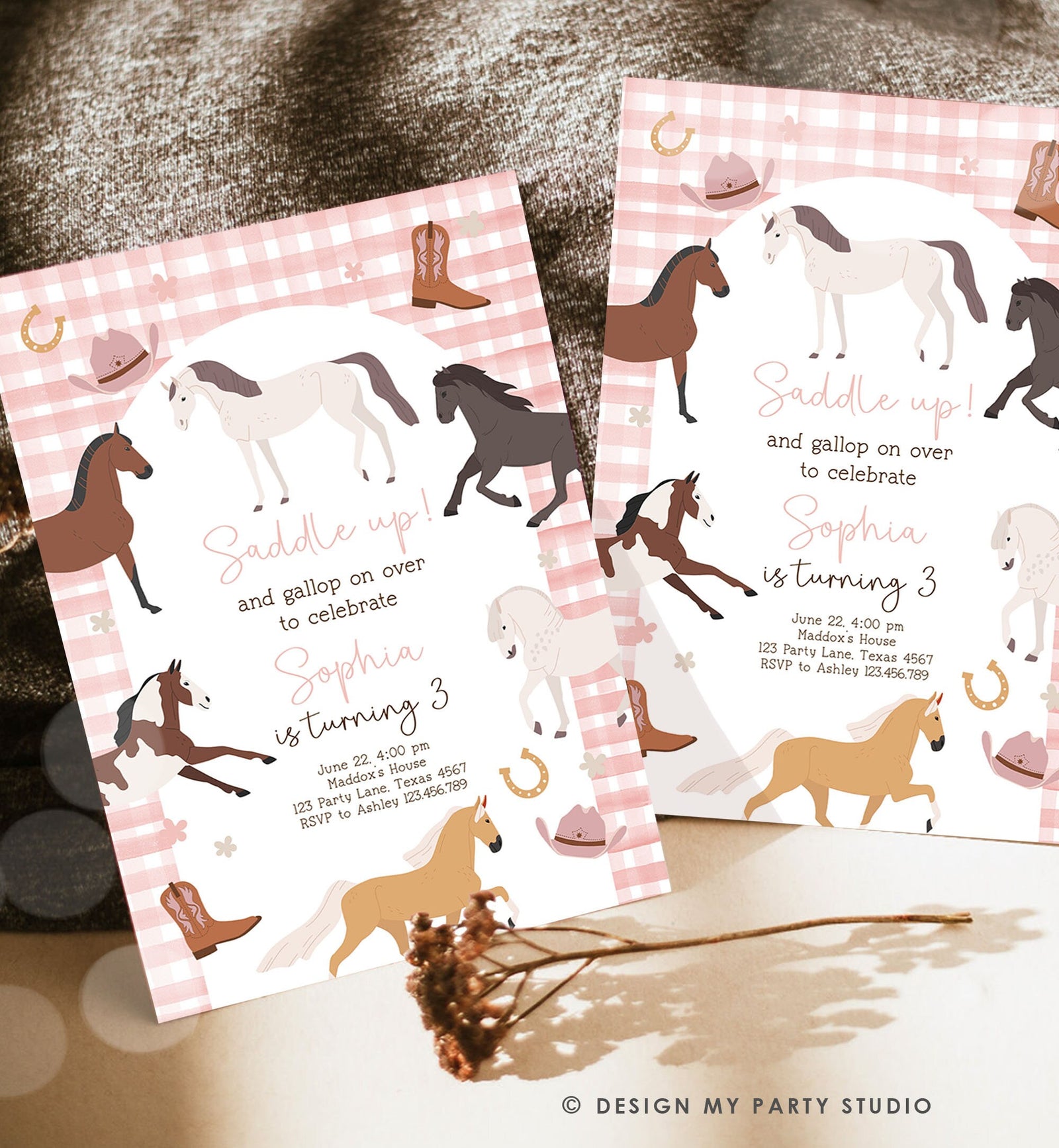 Editable Horse Birthday Invitation Girl Saddle Up Cowgirl Horse Party Horse Invite Pink Pony Floral Download Printable Template Corjl 0513