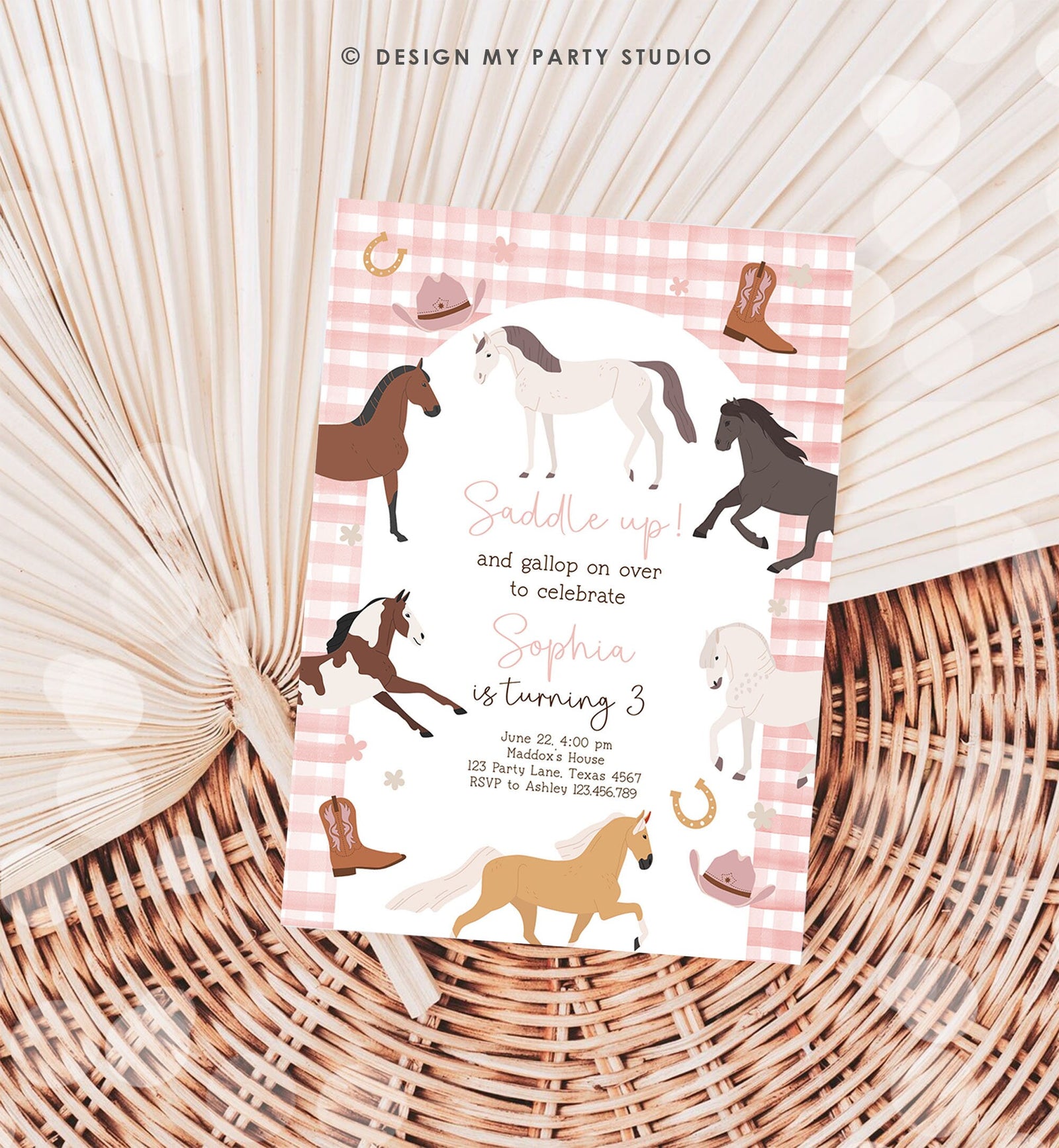 Editable Horse Birthday Invitation Girl Saddle Up Cowgirl Horse Party Horse Invite Pink Pony Floral Download Printable Template Corjl 0513