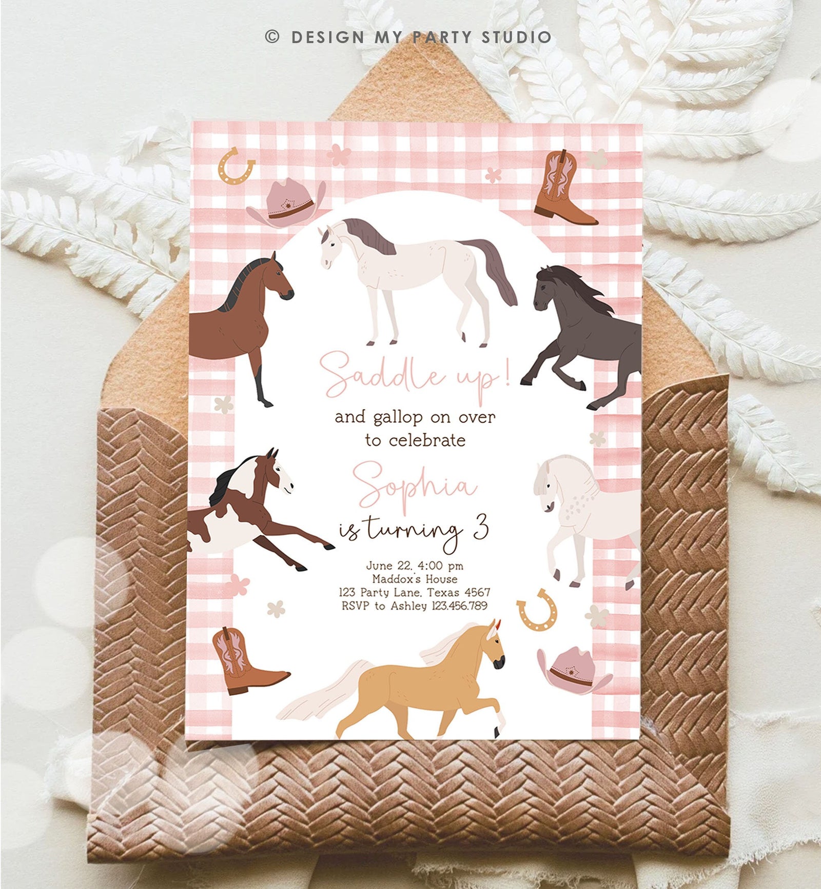 Editable Horse Birthday Invitation Girl Saddle Up Cowgirl Horse Party Horse Invite Pink Pony Floral Download Printable Template Corjl 0513