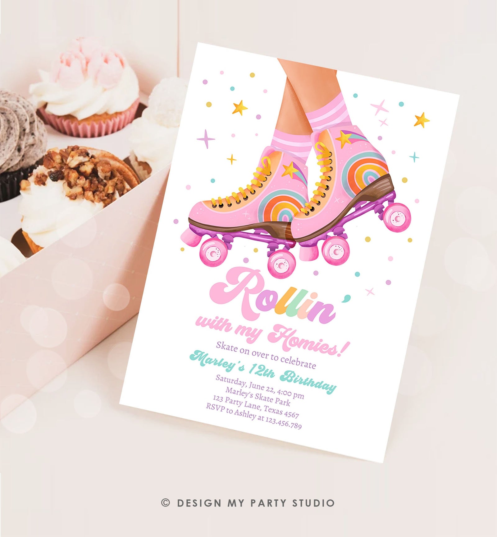 Editable Retro Roller Skate Birthday Party Invitation Rollin' With My Homies Skating 70's Skate Invite Download Template Evite Digital 0514