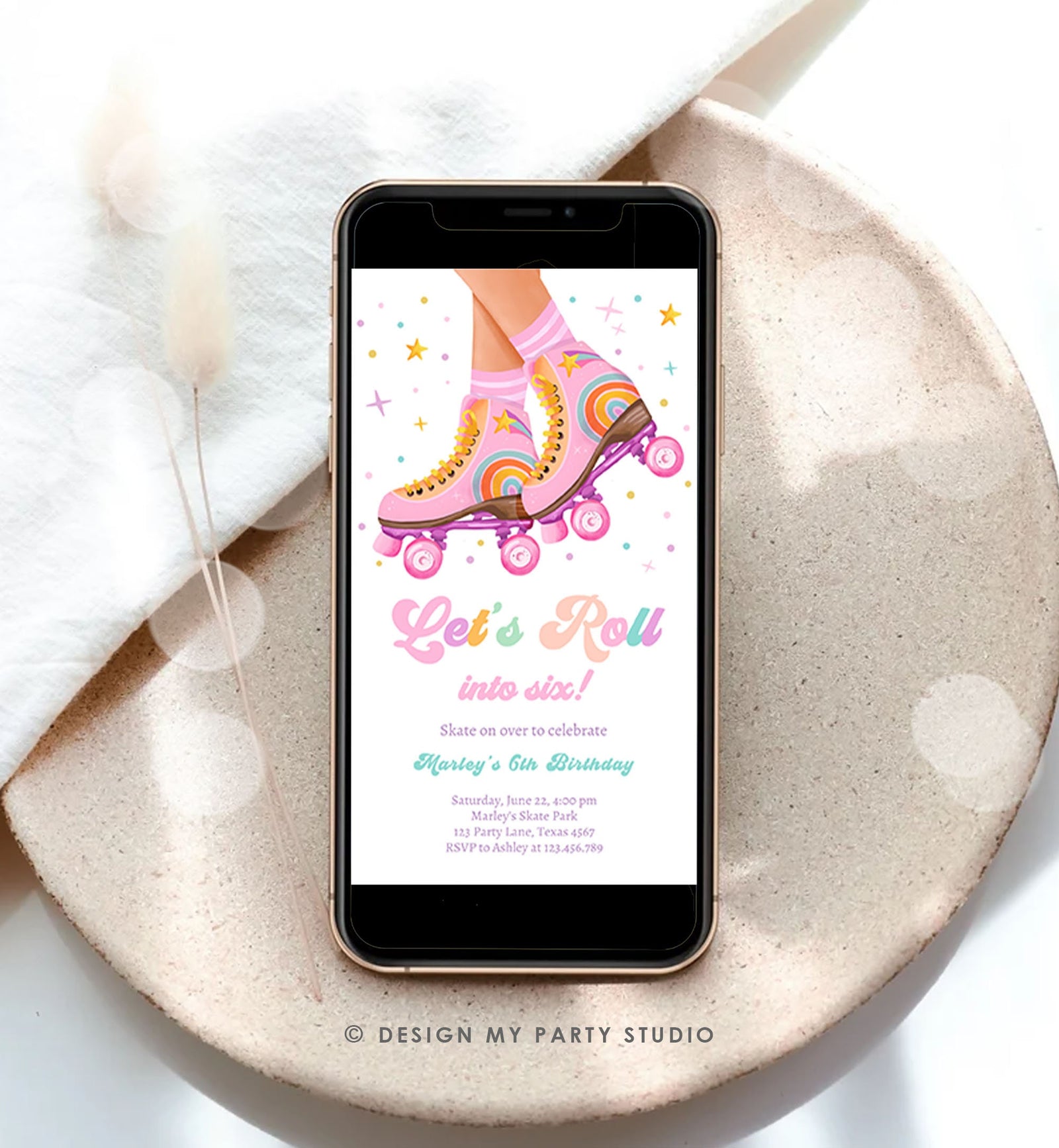 Editable Roller Skating Birthday Party Evite Teen Girl Skating Skate Rollerblade Rainbow Electronic Digital Download Evite Template 0514