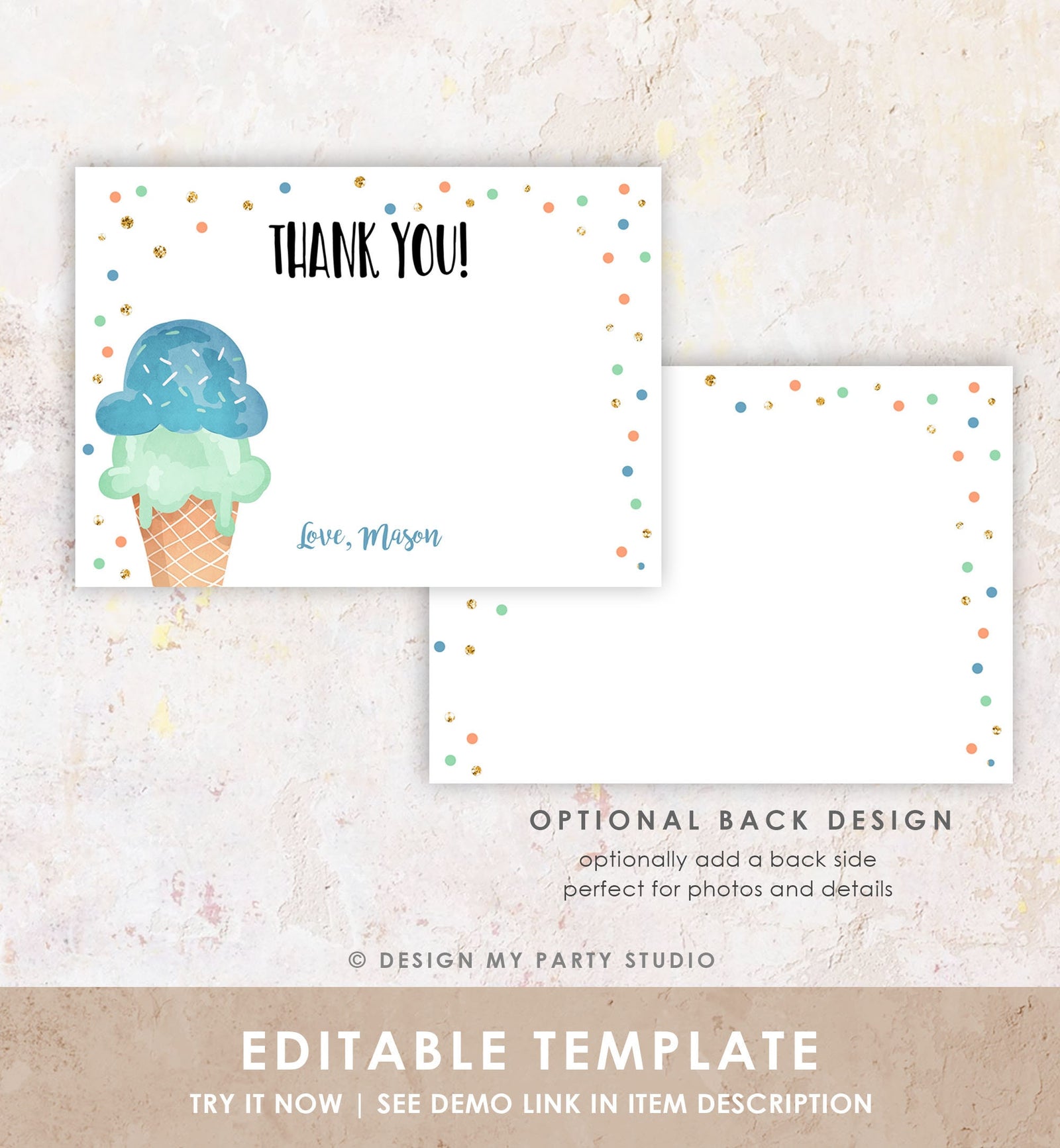 Editable Ice Cream Thank You Card Ice Cream Birthday Thank You Note Boy Birthday Summer Digital Download Template Printable 0243