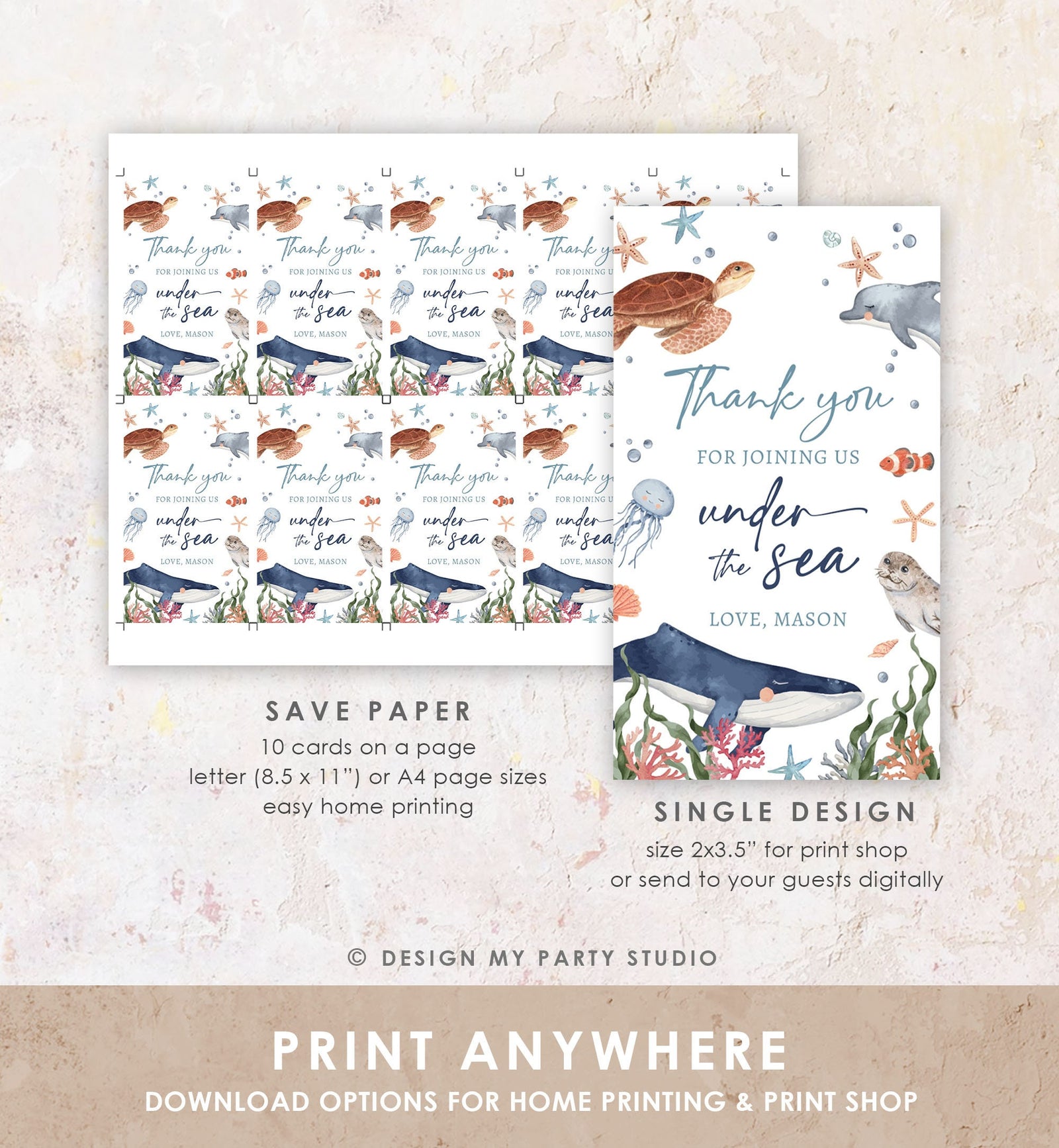 Editable Under the Sea Favor Tag Nautical Birthday Sea Life Ocean Animals Whale Dolphin Turtle Jellyfish Download Template Printable 0504