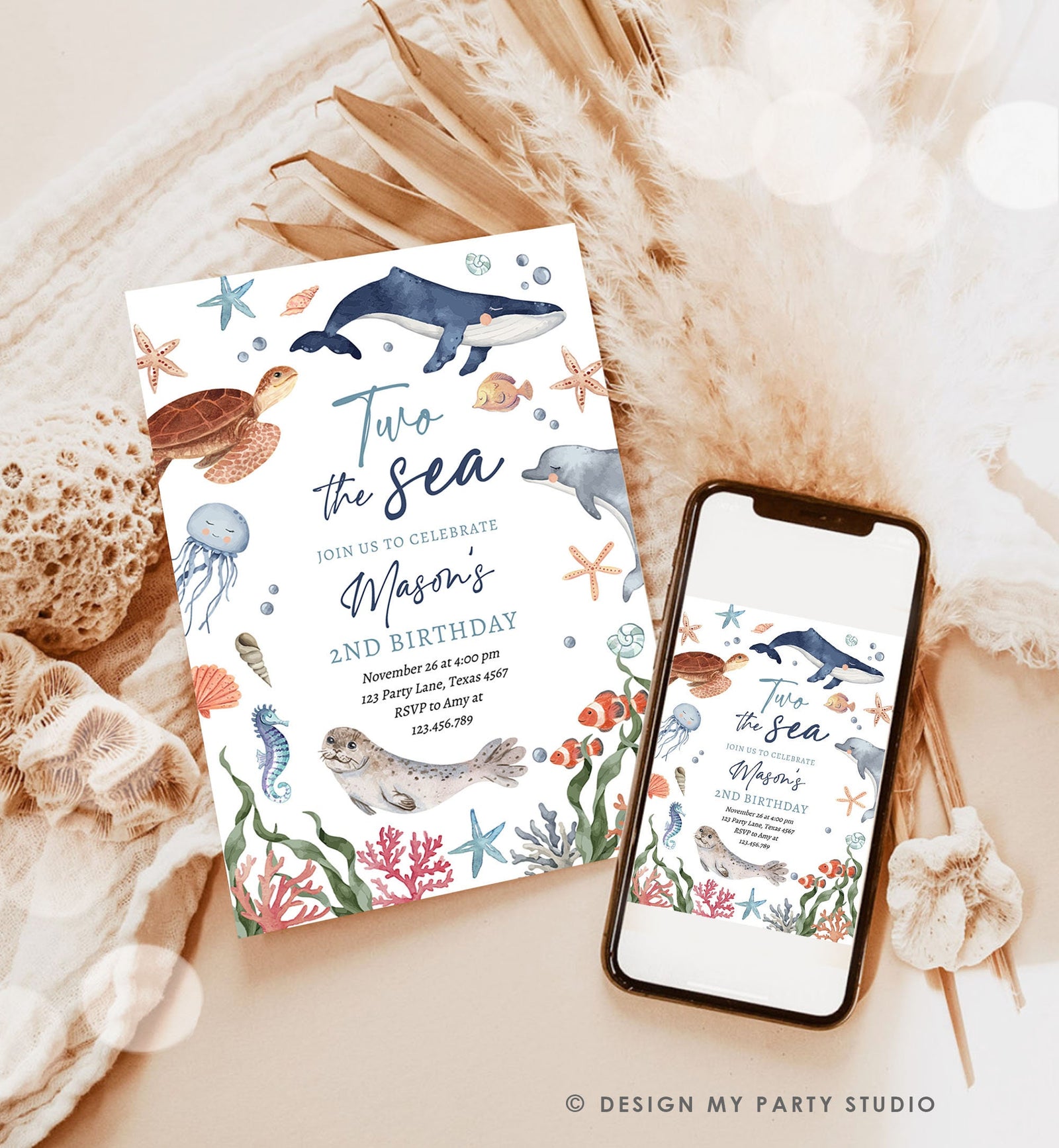 Editable Two the Sea Birthday Invitation Nautical 2nd Birthday Second Under The Sea Ocean Animals Download Printable Corjl Template 0504