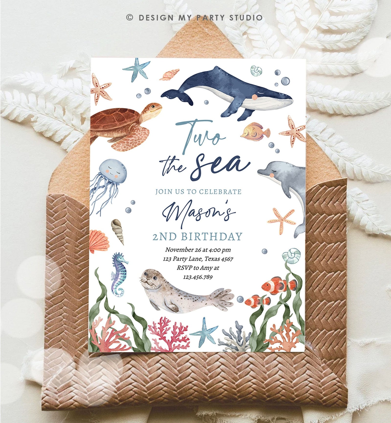 Editable Two the Sea Birthday Invitation Nautical 2nd Birthday Second Under The Sea Ocean Animals Download Printable Corjl Template 0504
