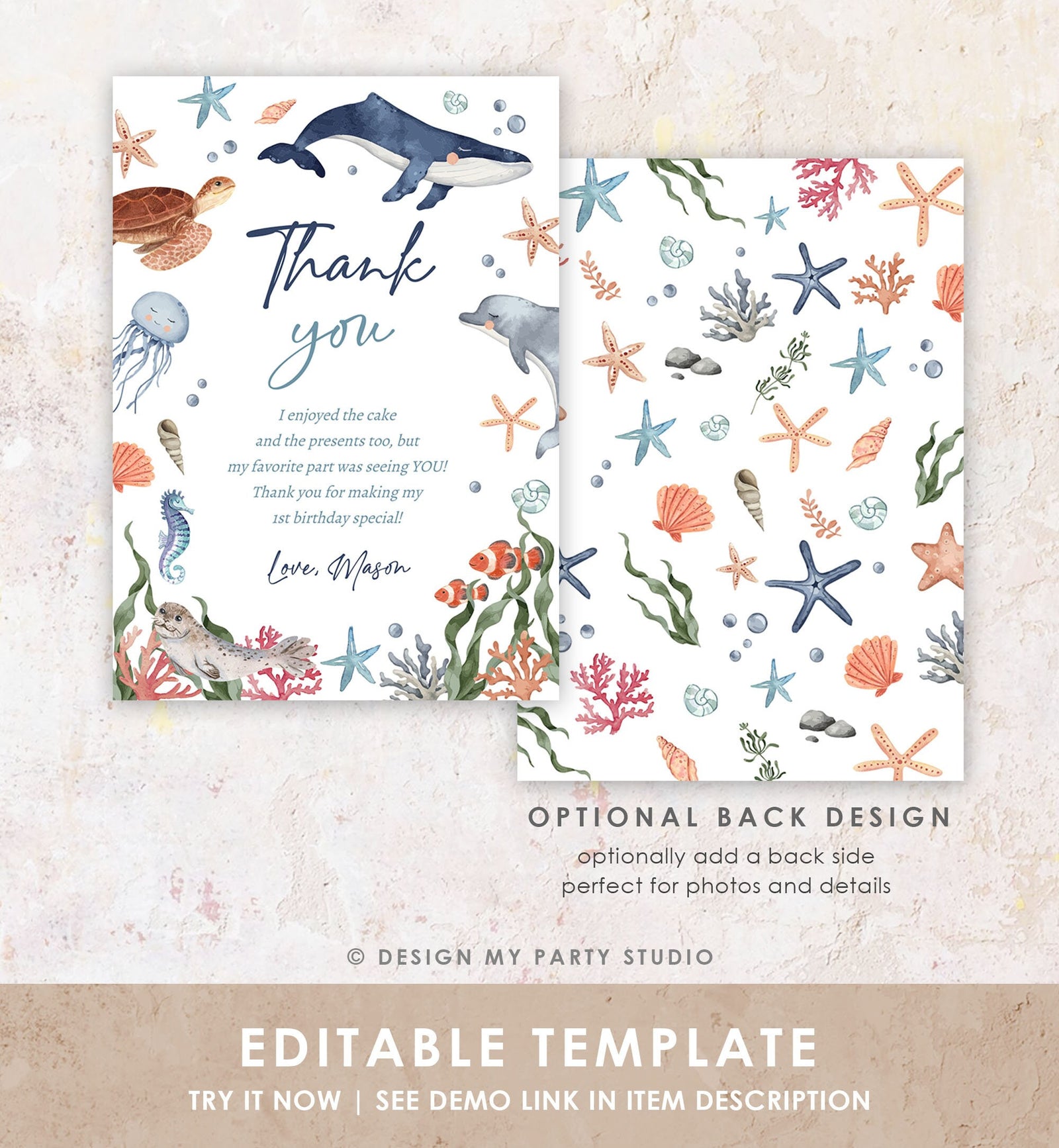 Editable Under the Sea Thank You Card Sea Ocean Animals Life Birthday Thank You Note Whale Turtle Dolphin Digital Template Printable 0504