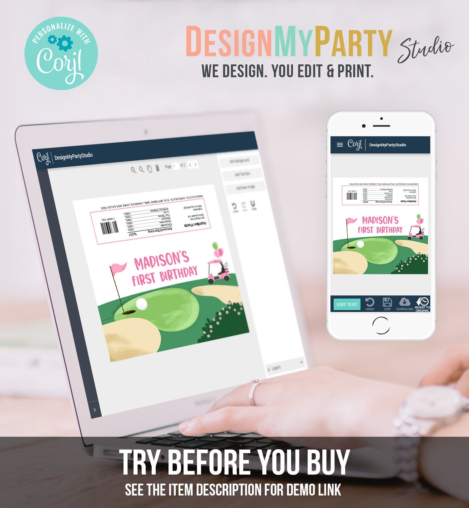 Editable Golf Candy Bar Wrapper Girl Pink Golf Cart Birthday Labels Par-Tee Golfing Party Hole in One Digital Template Printable 0405