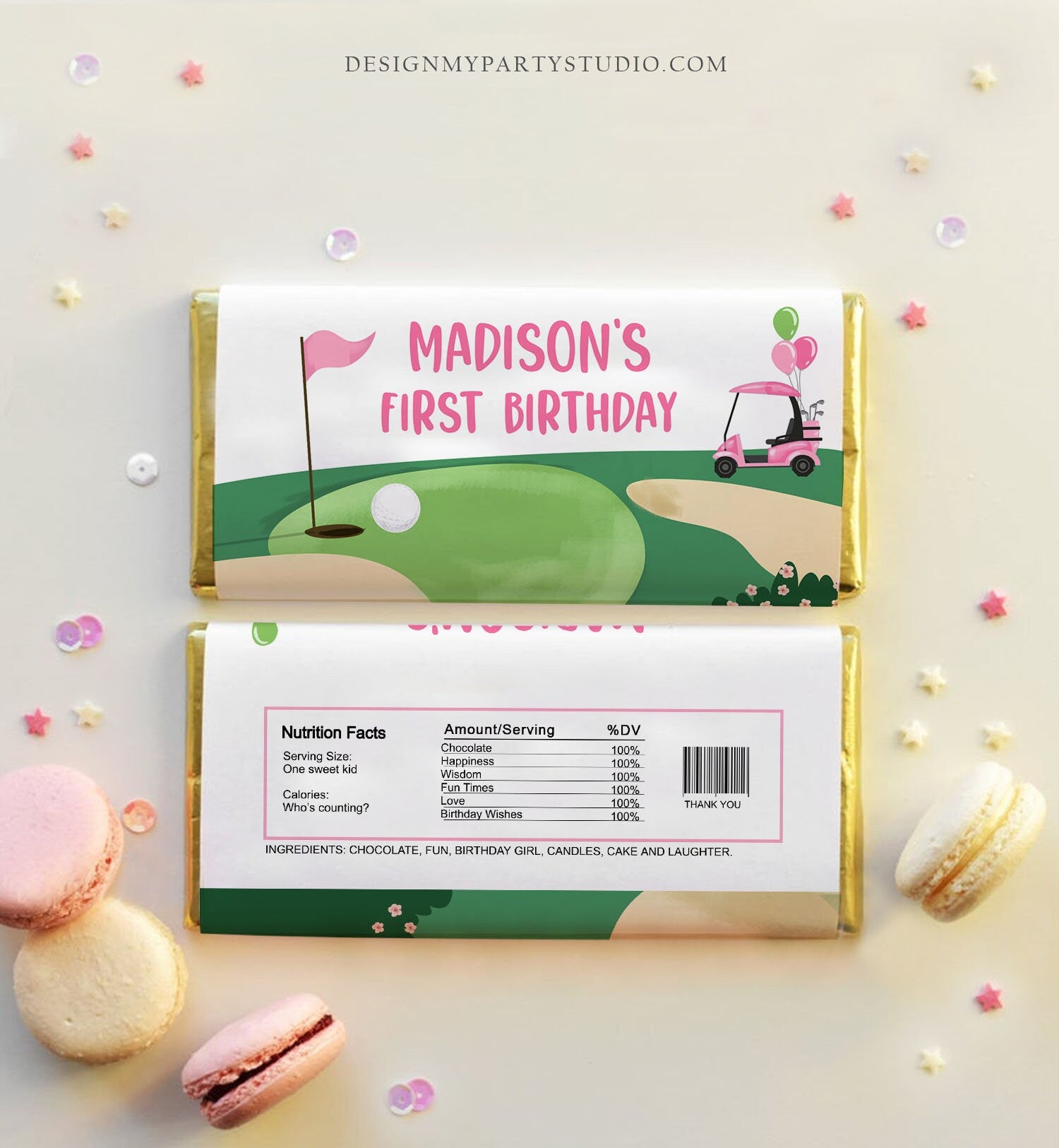 Editable Golf Candy Bar Wrapper Girl Pink Golf Cart Birthday Labels Par-Tee Golfing Party Hole in One Digital Template Printable 0405