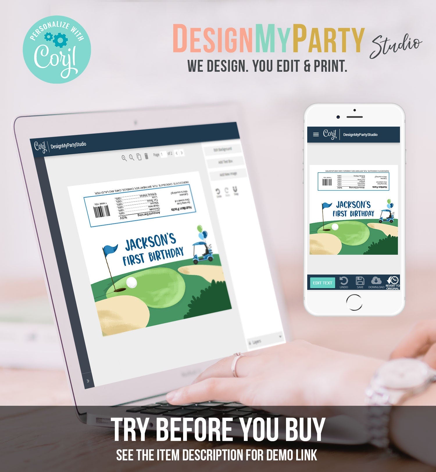 Editable Golf Candy Bar Wrapper Boy Blue Golf Cart Birthday Label Par-Tee Golfing Party Hole in One Digital Download Template Printable 0405