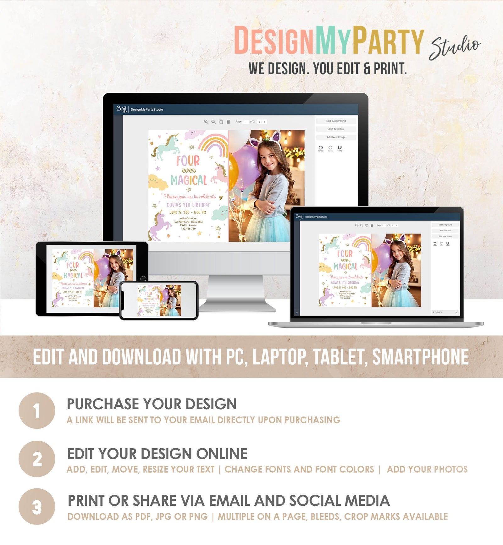 Editable Unicorn 4th Birthday Invitation Four Ever Magical Party Invite Girl Pastel Fourth Birthday Template Rainbow Download Corjl 0426