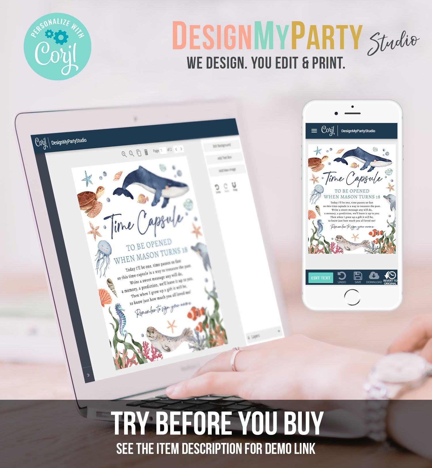 Editable Under the Sea Time Capsule Nautical Party Sea Ocean Like Animals Whale Turtle Dolphin Guestbook Digital Template Printable 0504