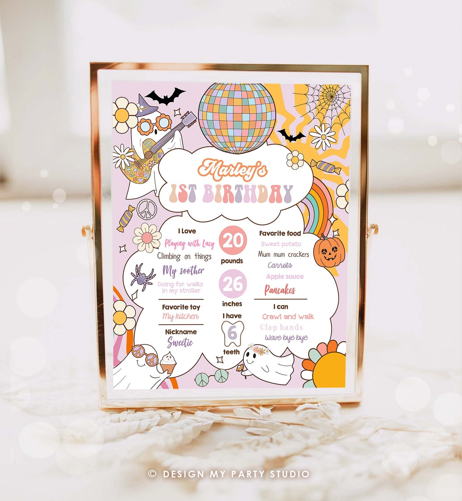 Editable Groovy Retro Halloween Birthday Milestones Sign Girl Rainbow Spooky Flower Power 70's Sun 1st Party Template Printable Digital 0471