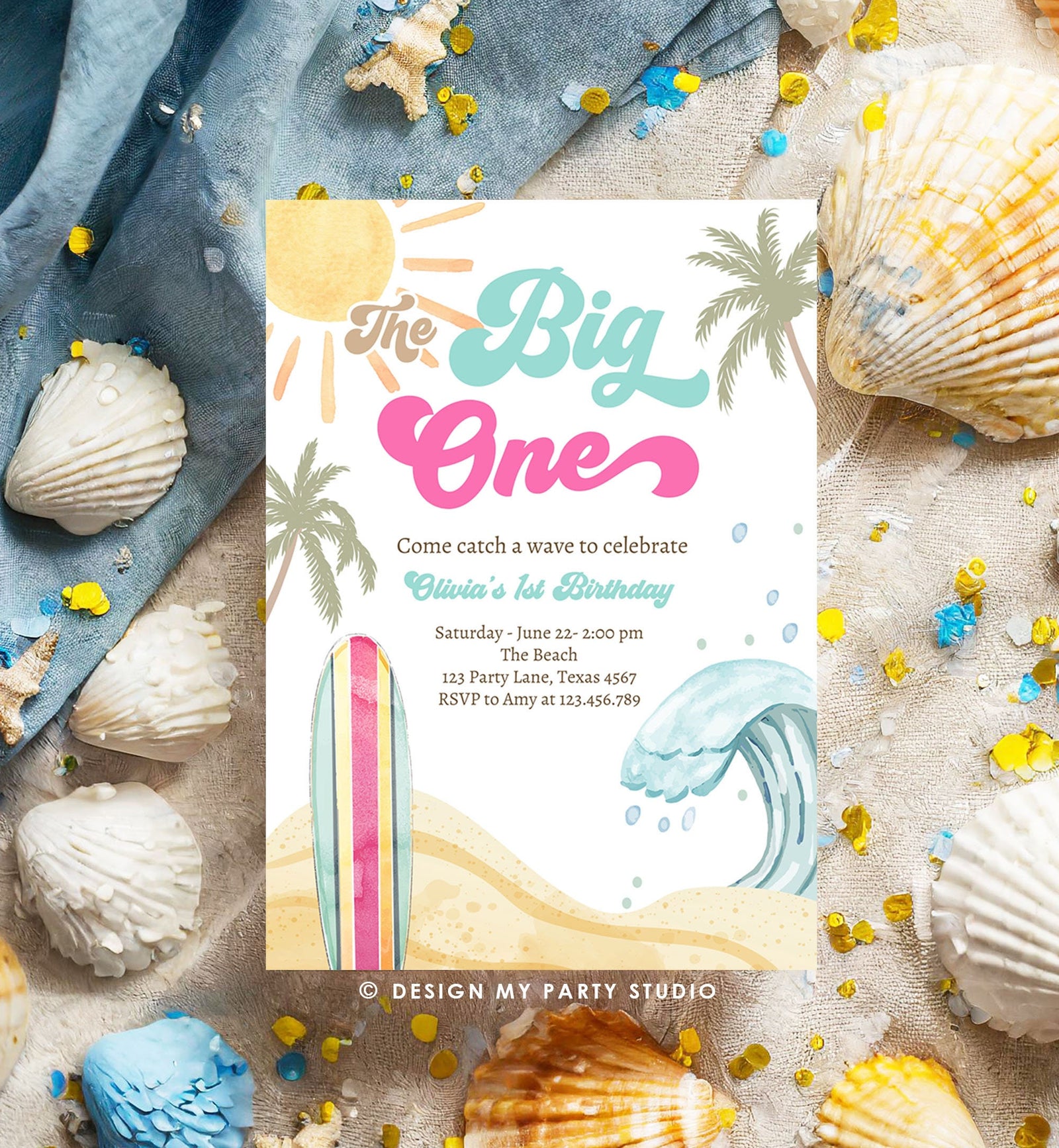 Editable The Big One Surf 1st Birthday Invitation Retro Surfboard Beach Party Girl Pink Surfer Boho Digital Download Template Printable 0433