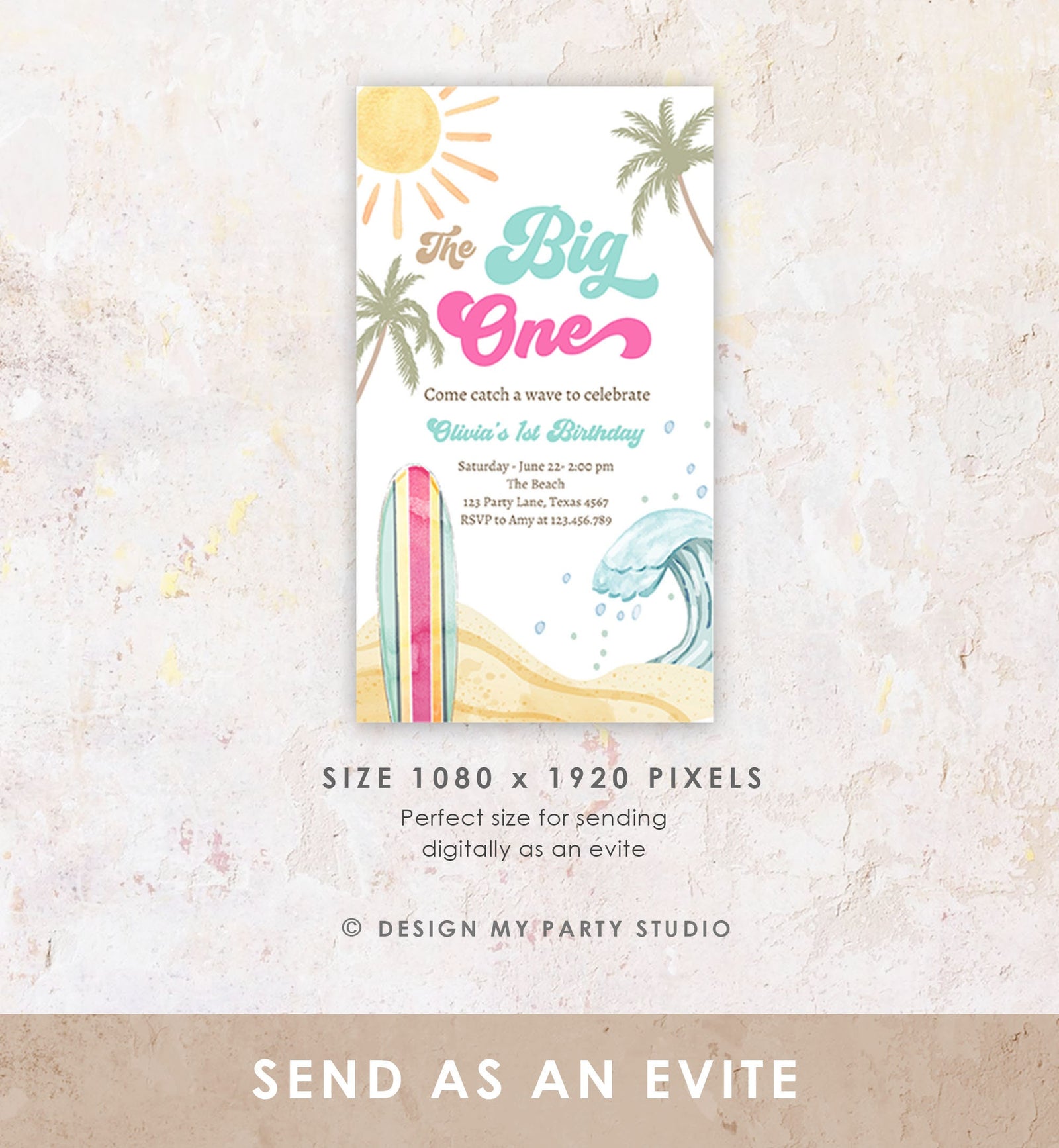 Editable The Big One Surf 1st Birthday Invitation Retro Surfboard Beach Party Wave Surfer Boho Girl Evite Digital Download Template 0433