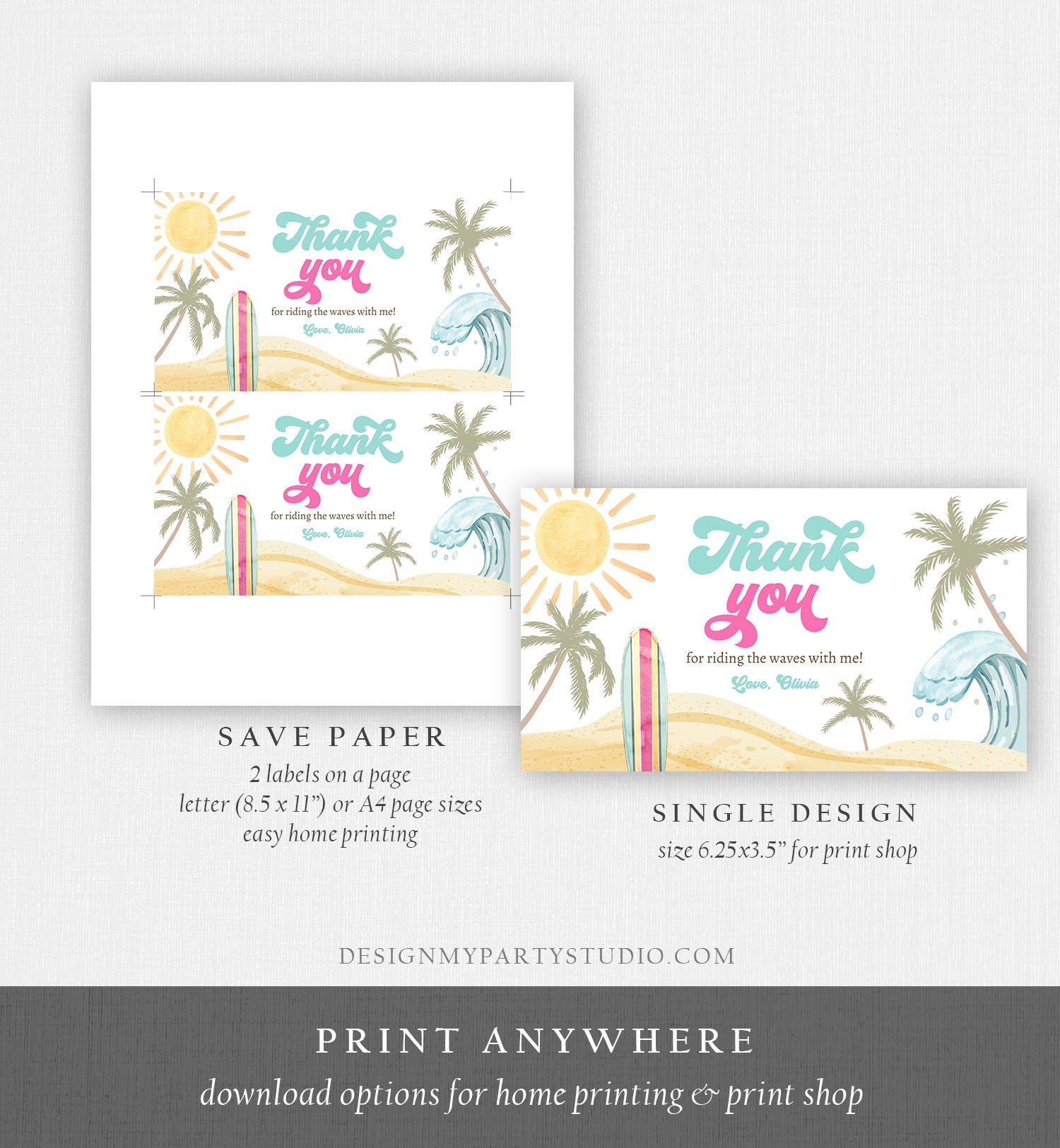 Editable Surf Gable Box Favor Label Surf Birthday Favor Box Label GirlThe Big One Retro Surfboard Digital Download Template Printable 0433