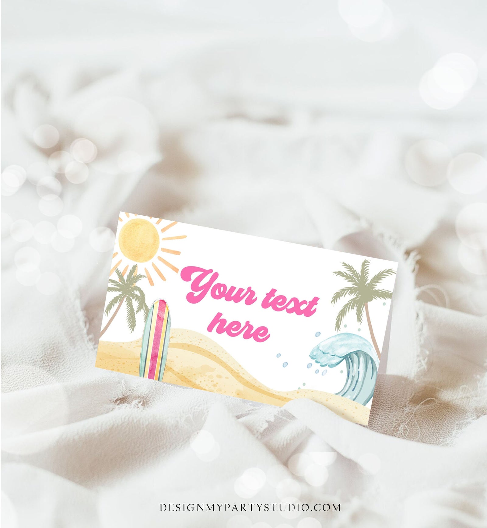 Editable Surf Food Labels Surfboard Birthday Place Card Tent Buffet Beach Party The Big One Retro Girl Decor Digital Template Printable 0433