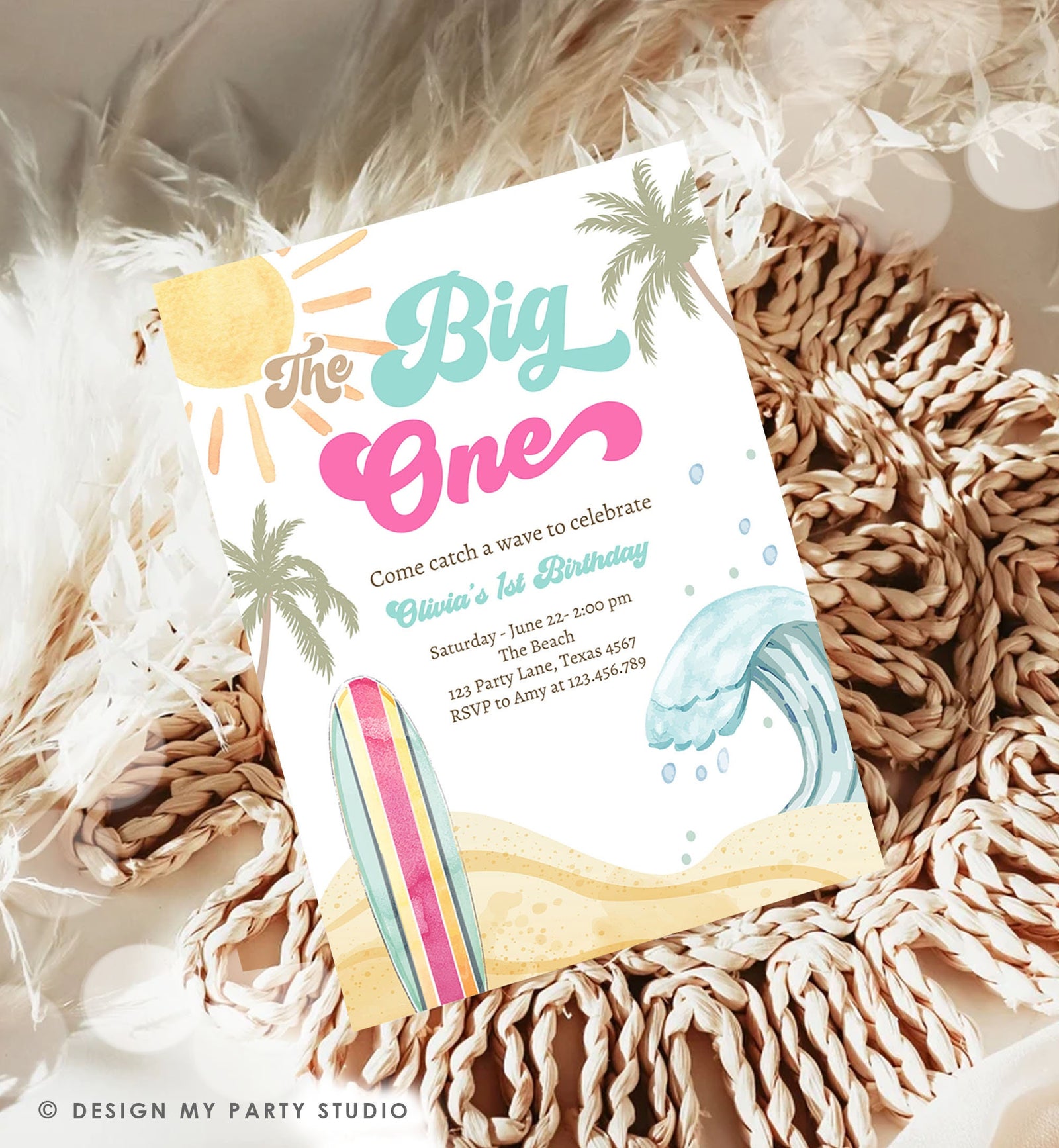 Editable The Big One Surf 1st Birthday Invitation Retro Surfboard Beach Party Girl Pink Surfer Boho Digital Download Template Printable 0433
