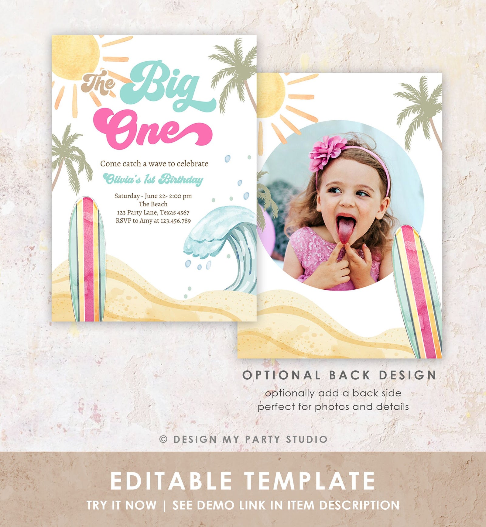 Editable The Big One Surf 1st Birthday Invitation Retro Surfboard Beach Party Girl Pink Surfer Boho Digital Download Template Printable 0433