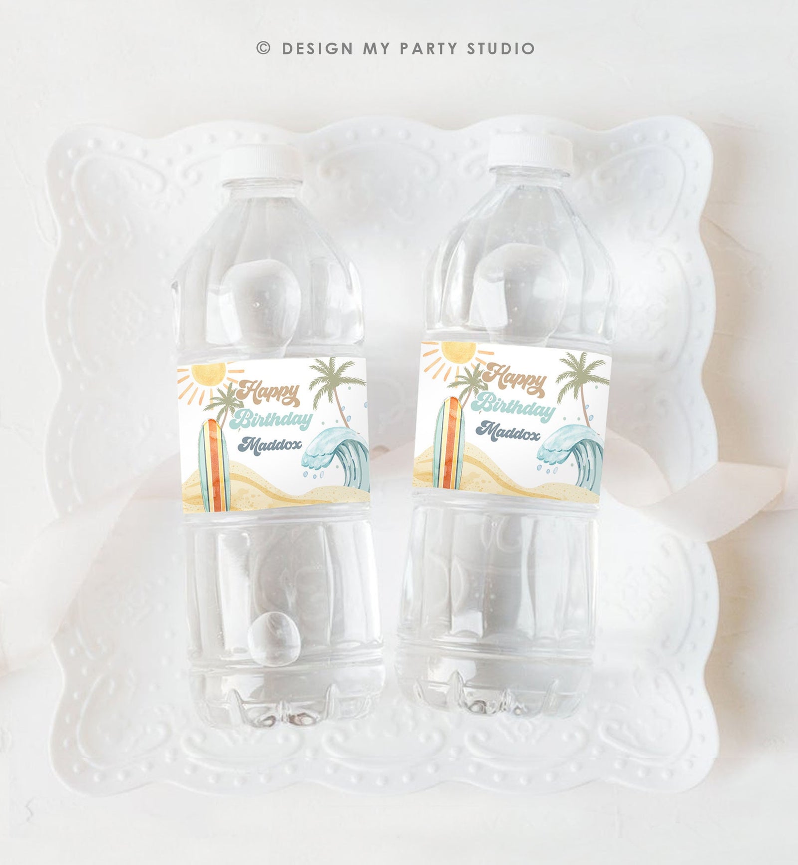 Editable Surf Water Bottle Label The Big One Party Decor Surf 1st Birthday Retro Boy Surfboard Surfing Digital Template Printable 0433