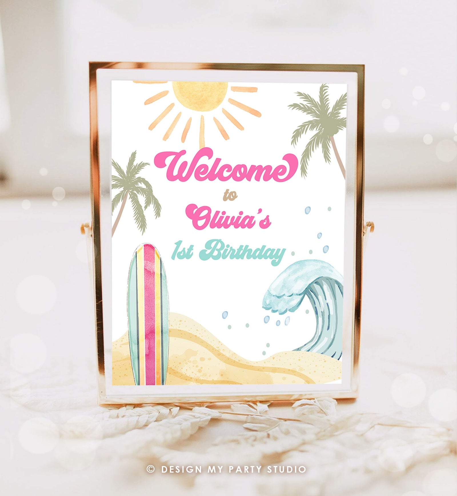Editable Surf Birthday Welcome Sign Girl The Big One Birthday First Welcome Sign Beach Party Retro Big Wave Digital Template Printable 0433
